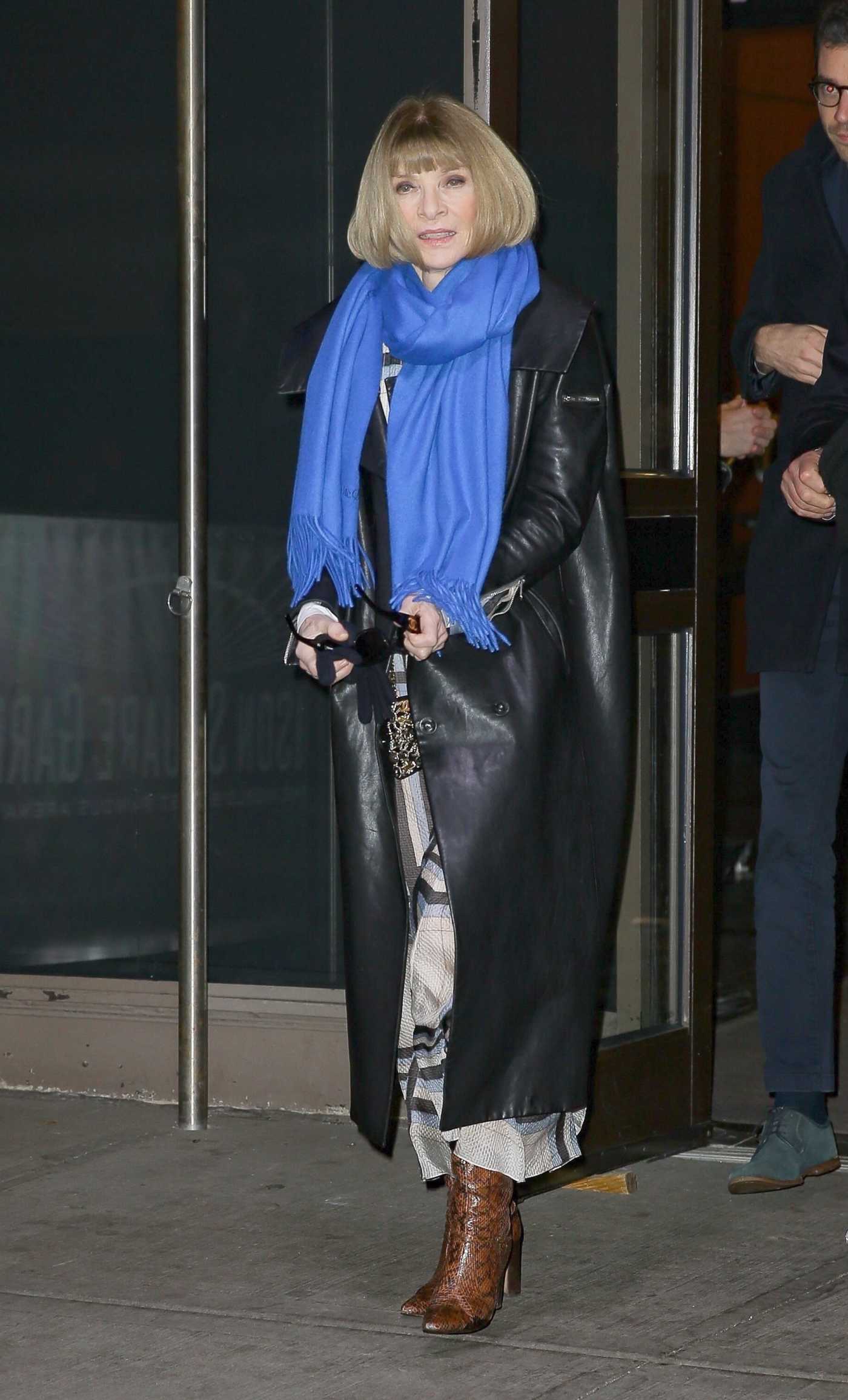 Anna Wintour in a Black Leather Coat Leaves Madison Square Garden in New York City 01/31/2023