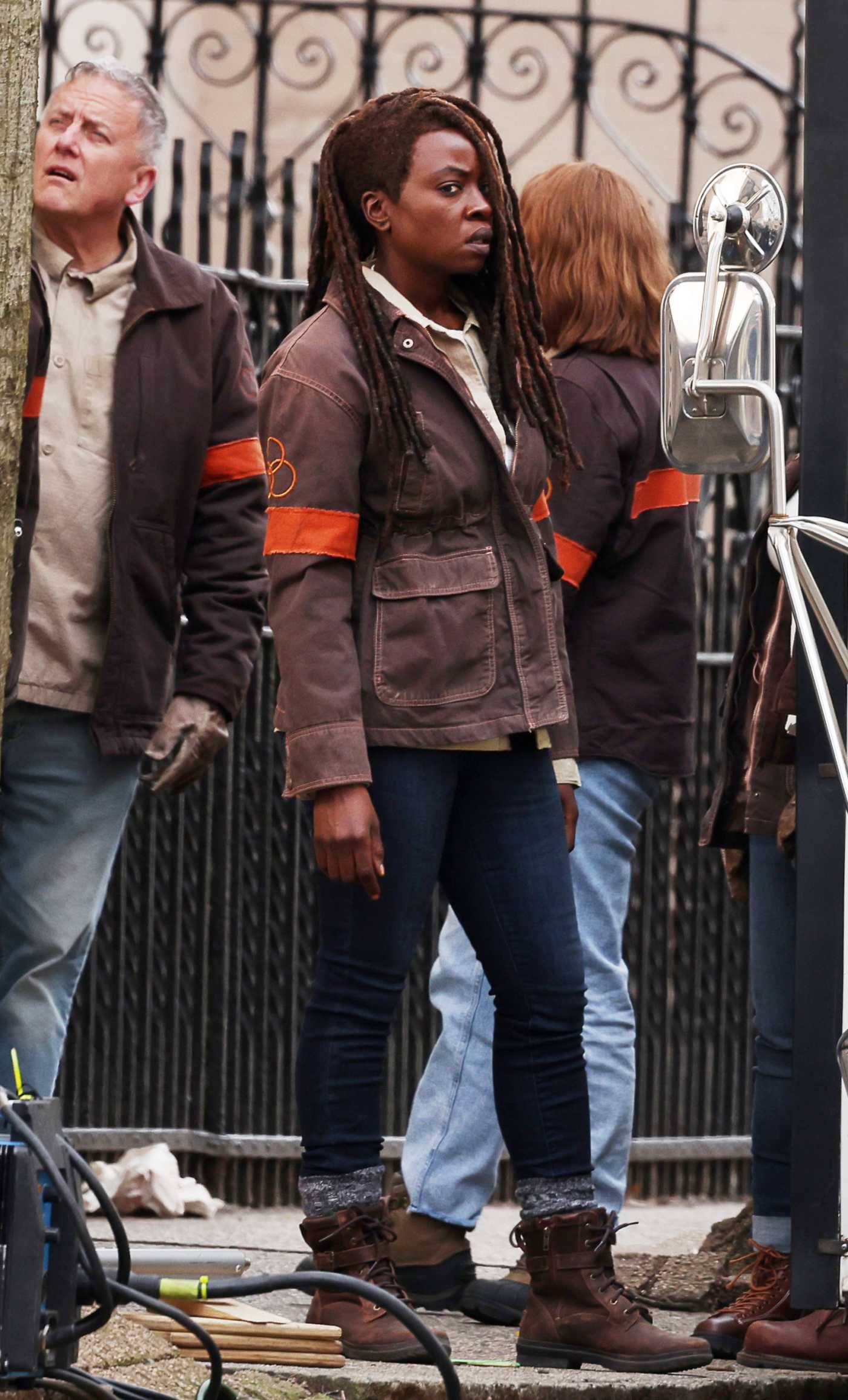 Danai Gurira in a Brown Jacket Was Spotted on the Set of The Walking Dead: Summit in New Jersey 03/22/2023