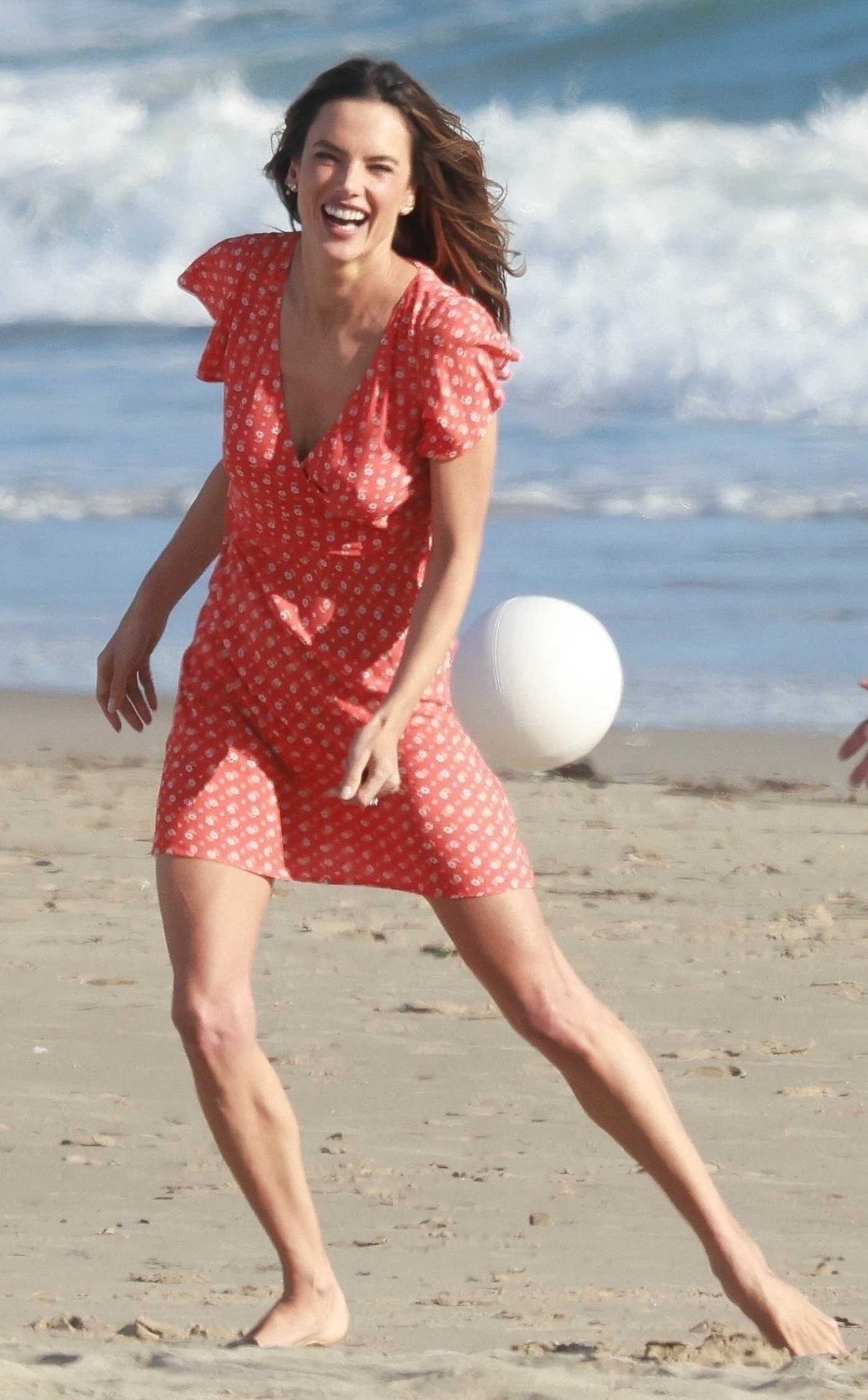 Alessandra Ambrosio in a Red Mini Dress Was Seen During a Photoshoot on the Beach in Malibu 04/21/2023