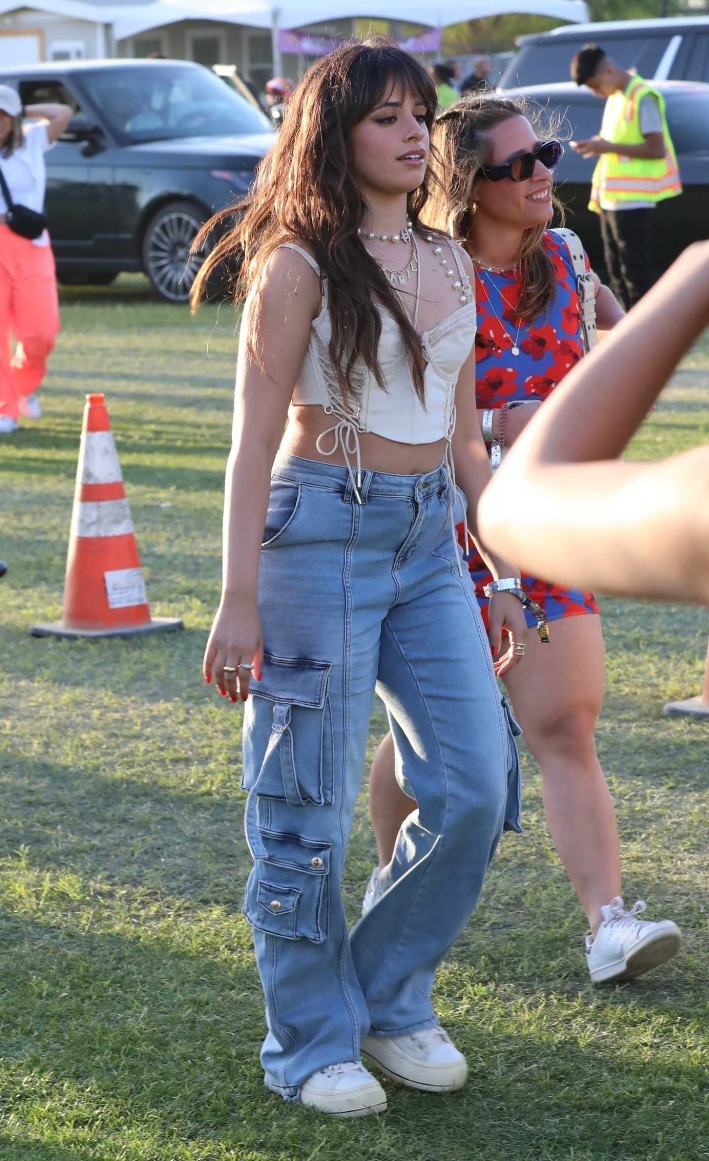 Camila Cabello in a White Top Arrives at 2023 Coachella Valley Music and Arts Festival in Indio 04/14/2023