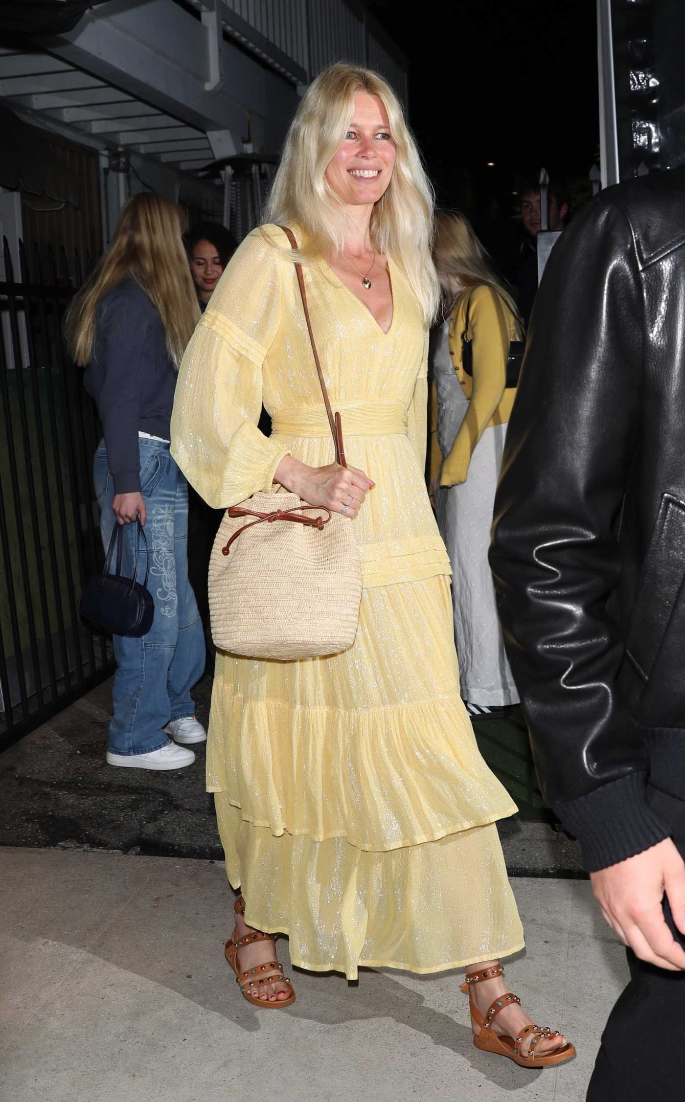 Claudia Schiffer in a Yellow Maxi Dress Leaves Dinner in Santa Monica 04/08/2023