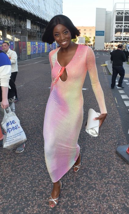 AJ Odudu in a Colorful Dress