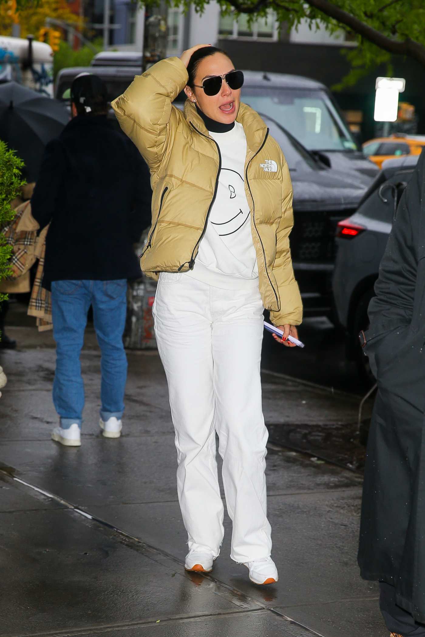 Gal Gadot in a White Pants Arrives Back at Her Hotel in New York 04/29/2023