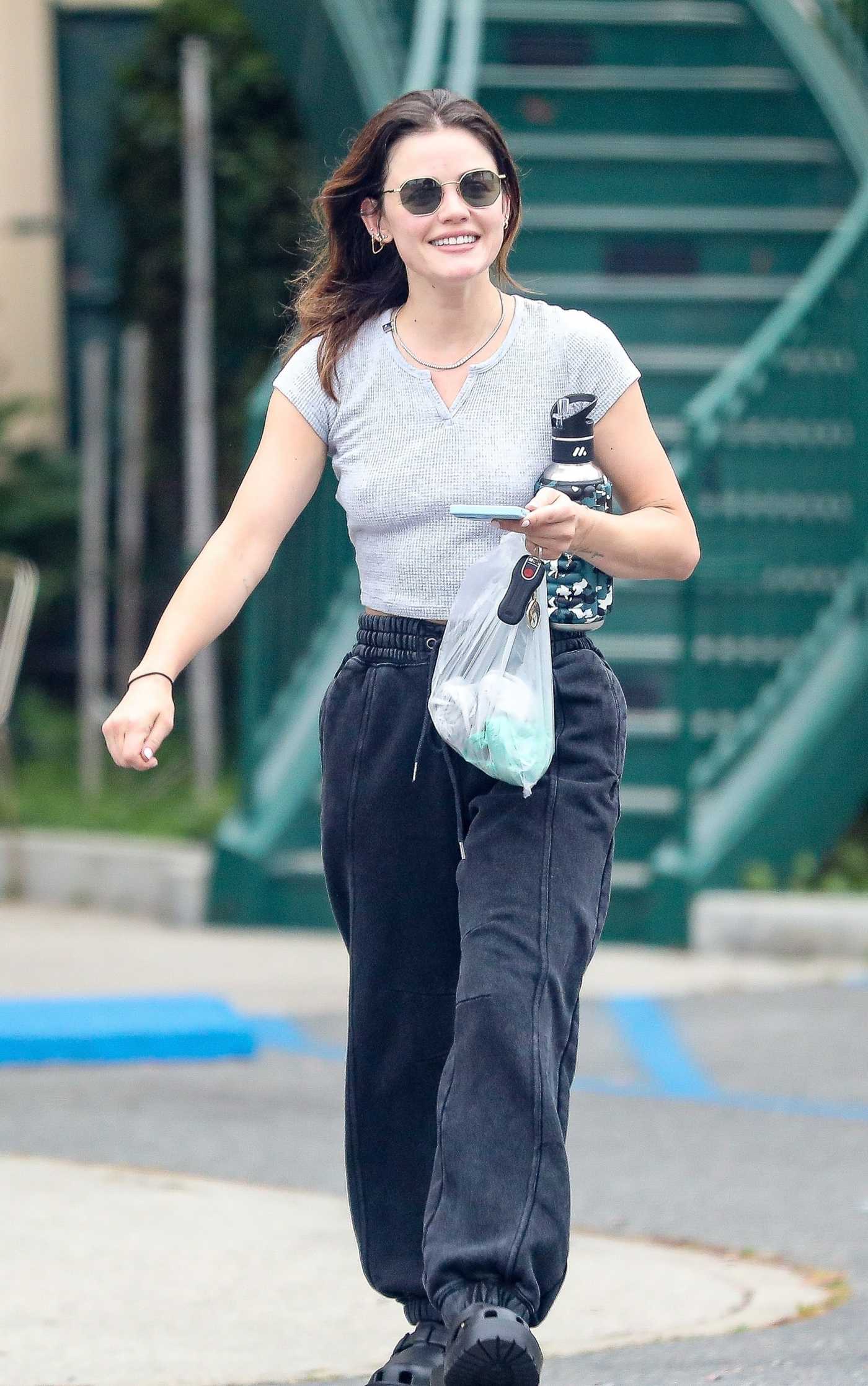 Lucy Hale in a Grey Tee Leaves a Pilates Studio in Los Angeles 05/17/2023