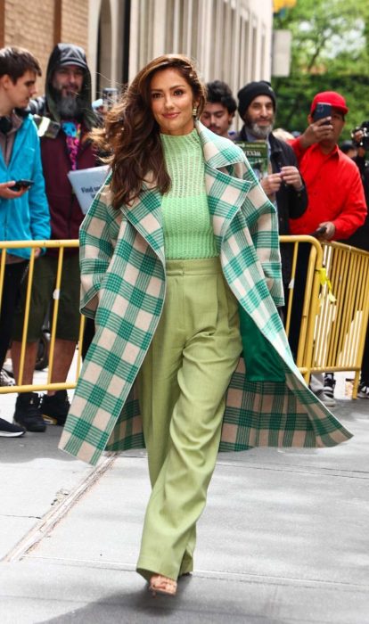 Minka Kelly in a Green Plaid Coat