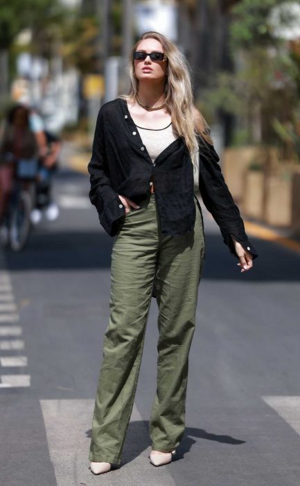 Romee Strijd in an Olive Pants