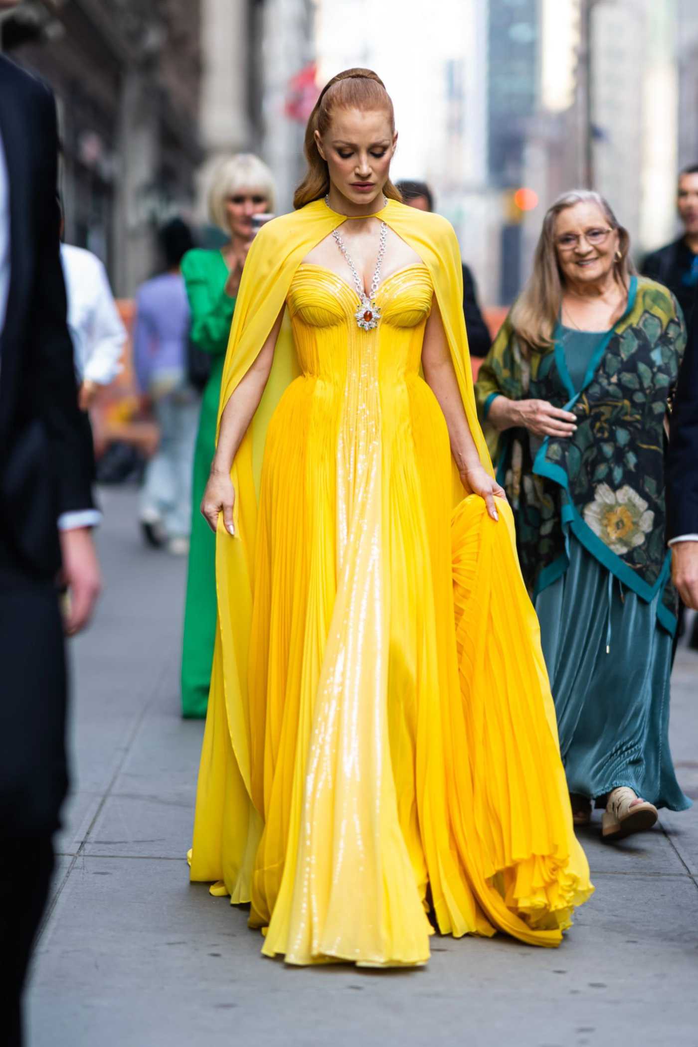 Jessica Chastain in a Yellow Dress Was Seen Out in Midtown in New York 06/11/2023
