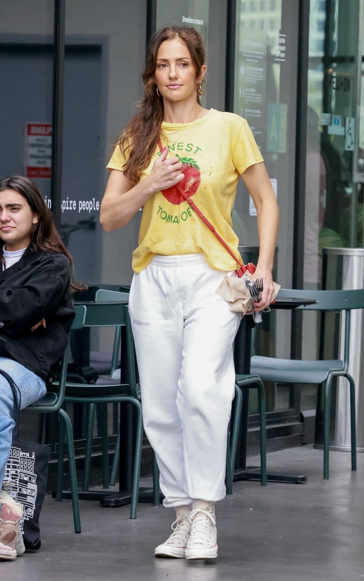 Minka Kelly in a Yellow Tee Goes Shopping with Her Boyfriend Dan Reynolds at Erewhon in Los Angeles 06/12/2023