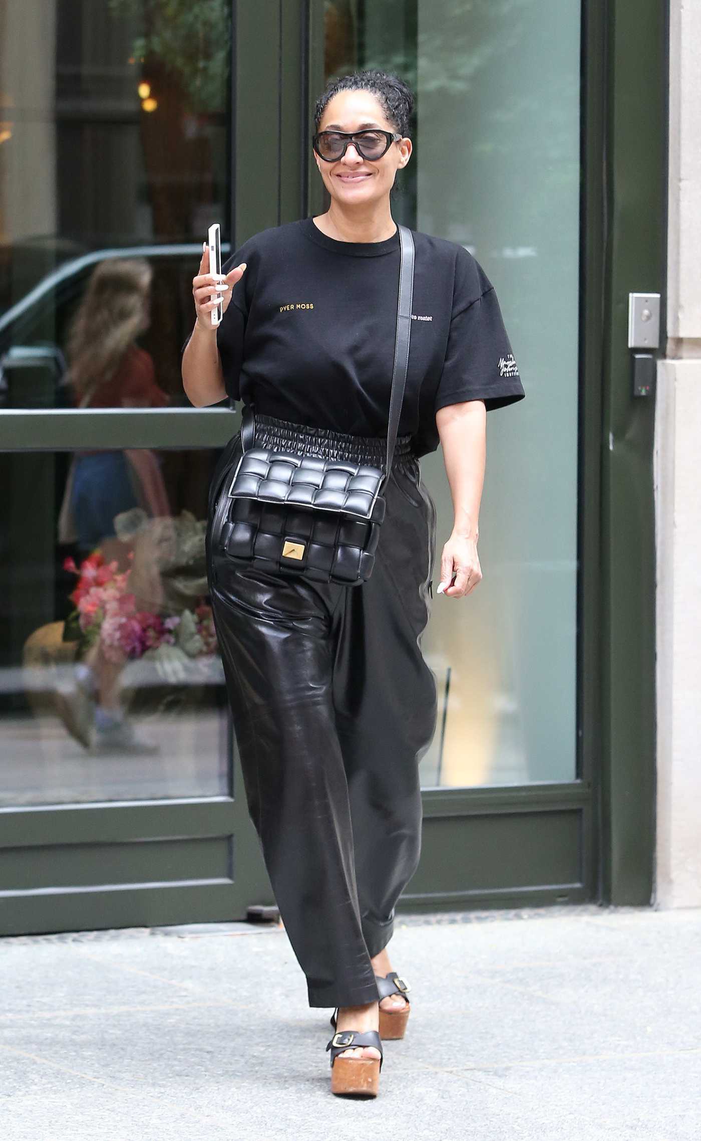 Tracee Ellis Ross in a Black Tee Leaves Her Hotel in Downtown in New York 06/13/2023