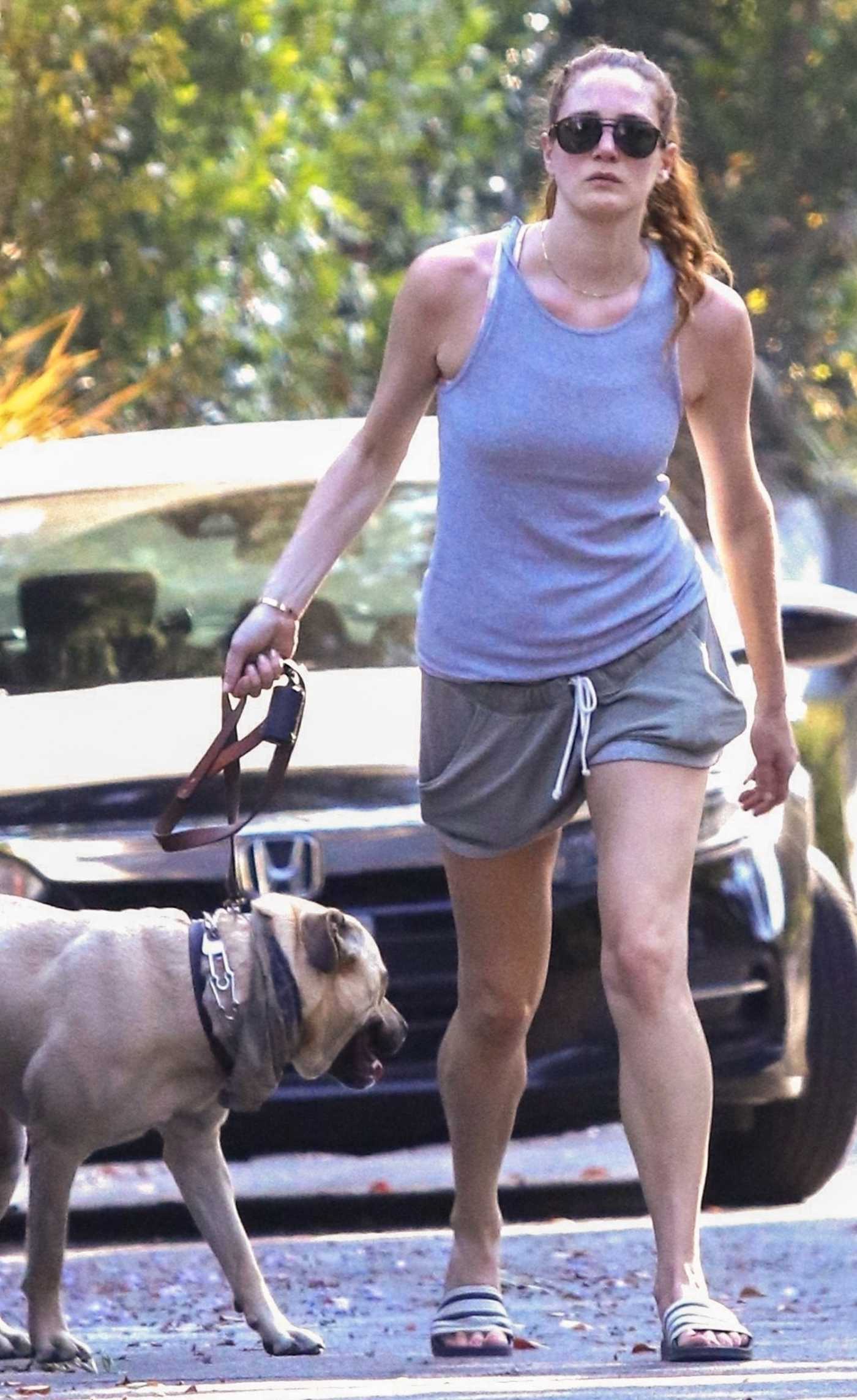 Anna Osceola in a Blue Tank Top Walks Her Dog in Los Feliz 07/28/2023