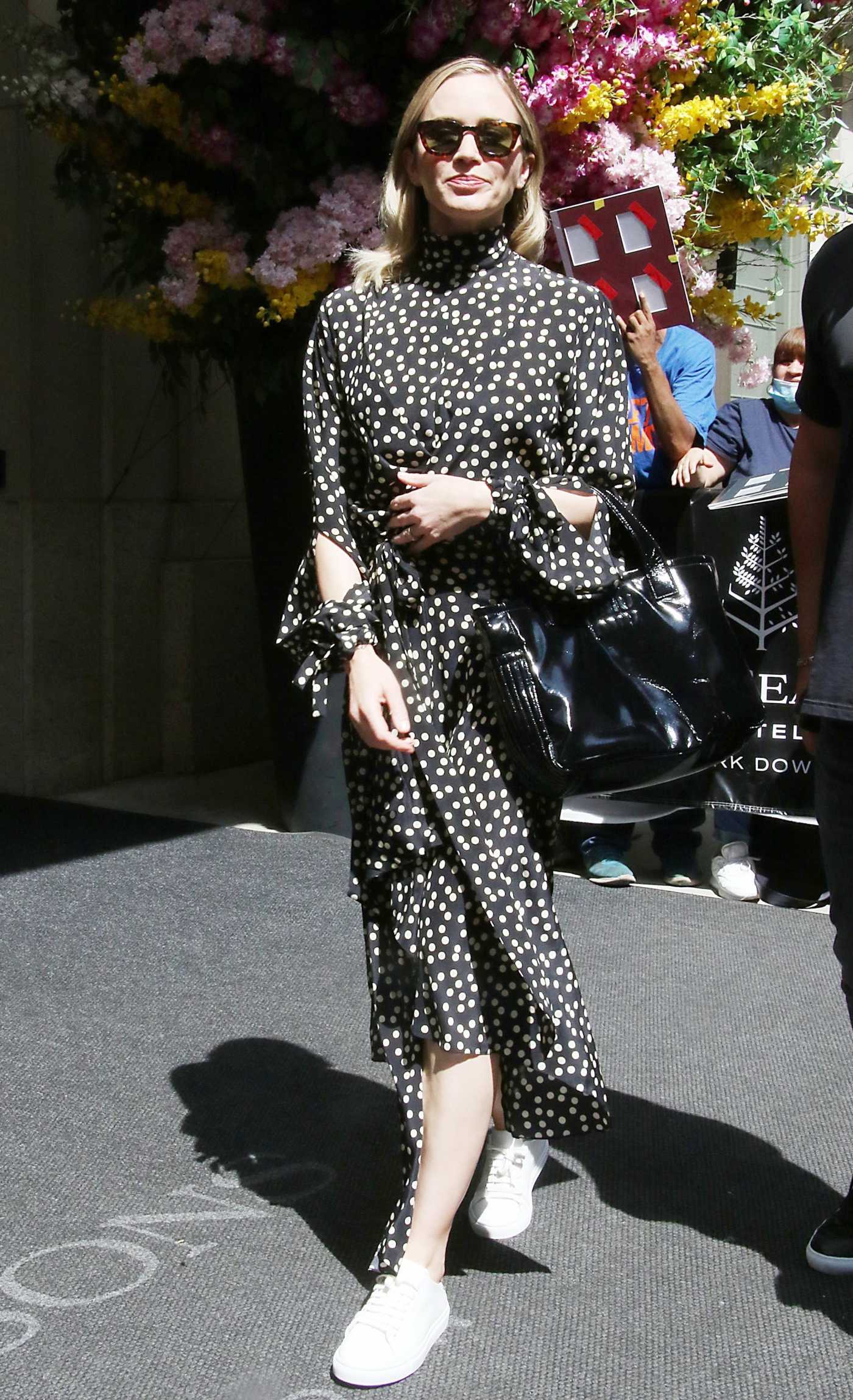 Emily Blunt in a Black Polka Dot Dress Was Seen Out in New York 07/07/2023