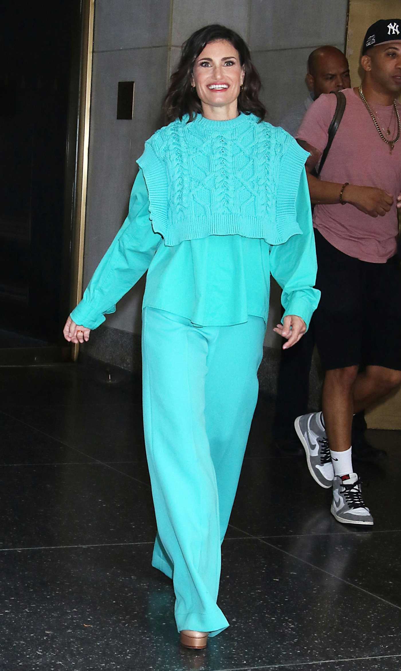 Idina Menzel in a Turquoise Ensemble Leaves NBC's Today Show in New York 08/17/2023