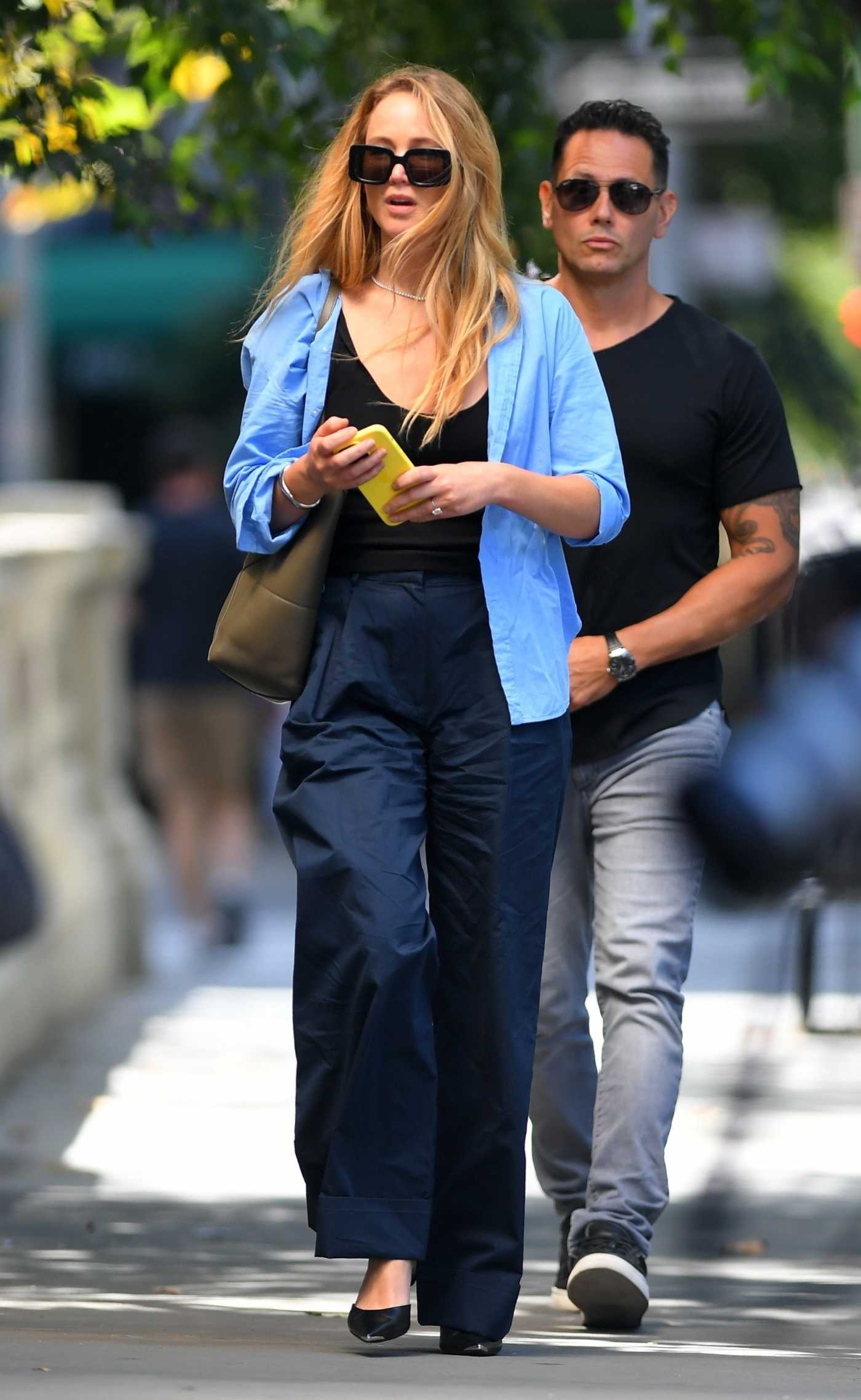 Jennifer Lawrence in a Blue Shirt Was Seen Out in New York 08/23/2023