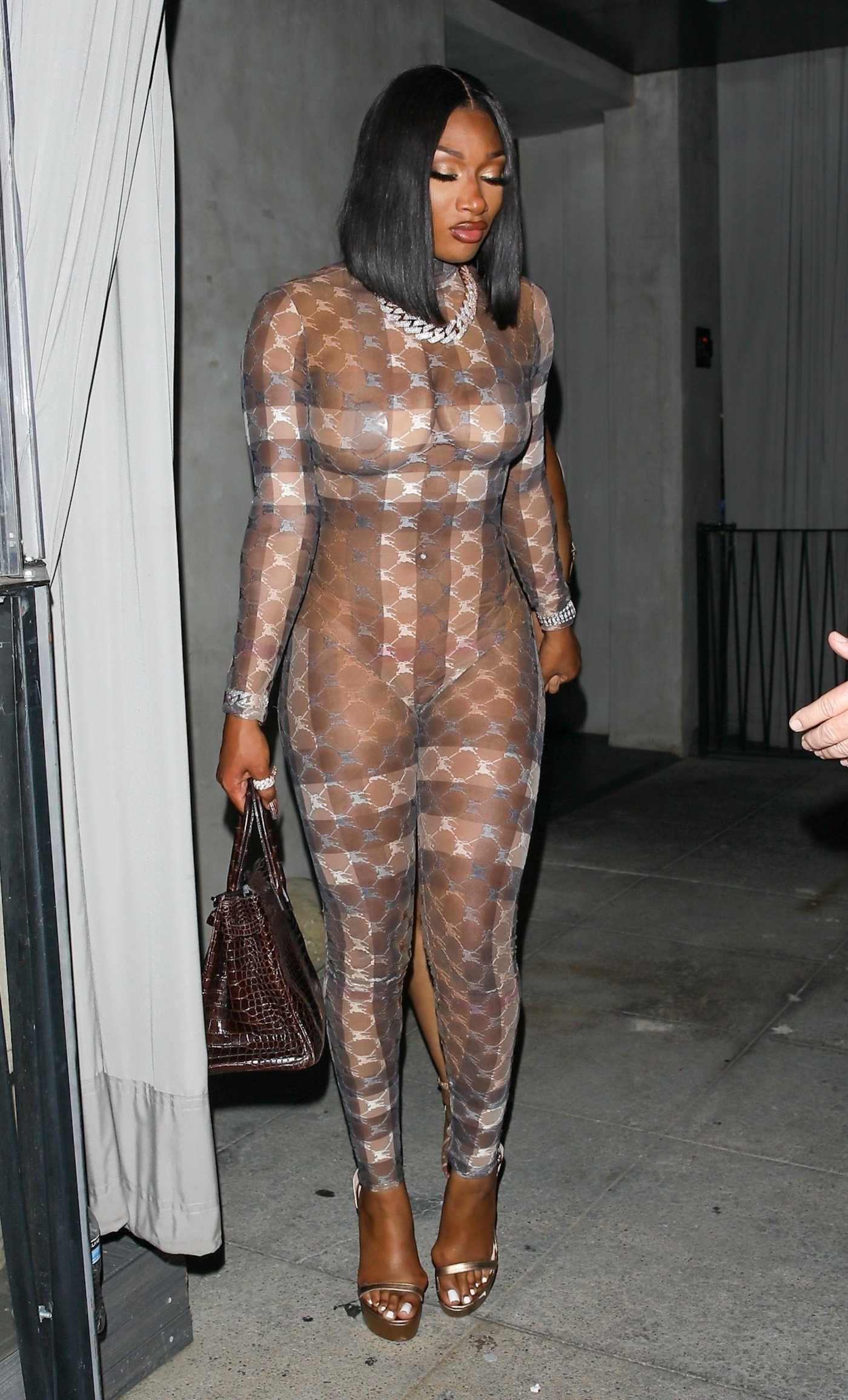 Megan Thee Stallion in a See-Through Catsuit Leaves Asian Fusion Restaurant Crustacean's in Beverly Hills 08/27/2023