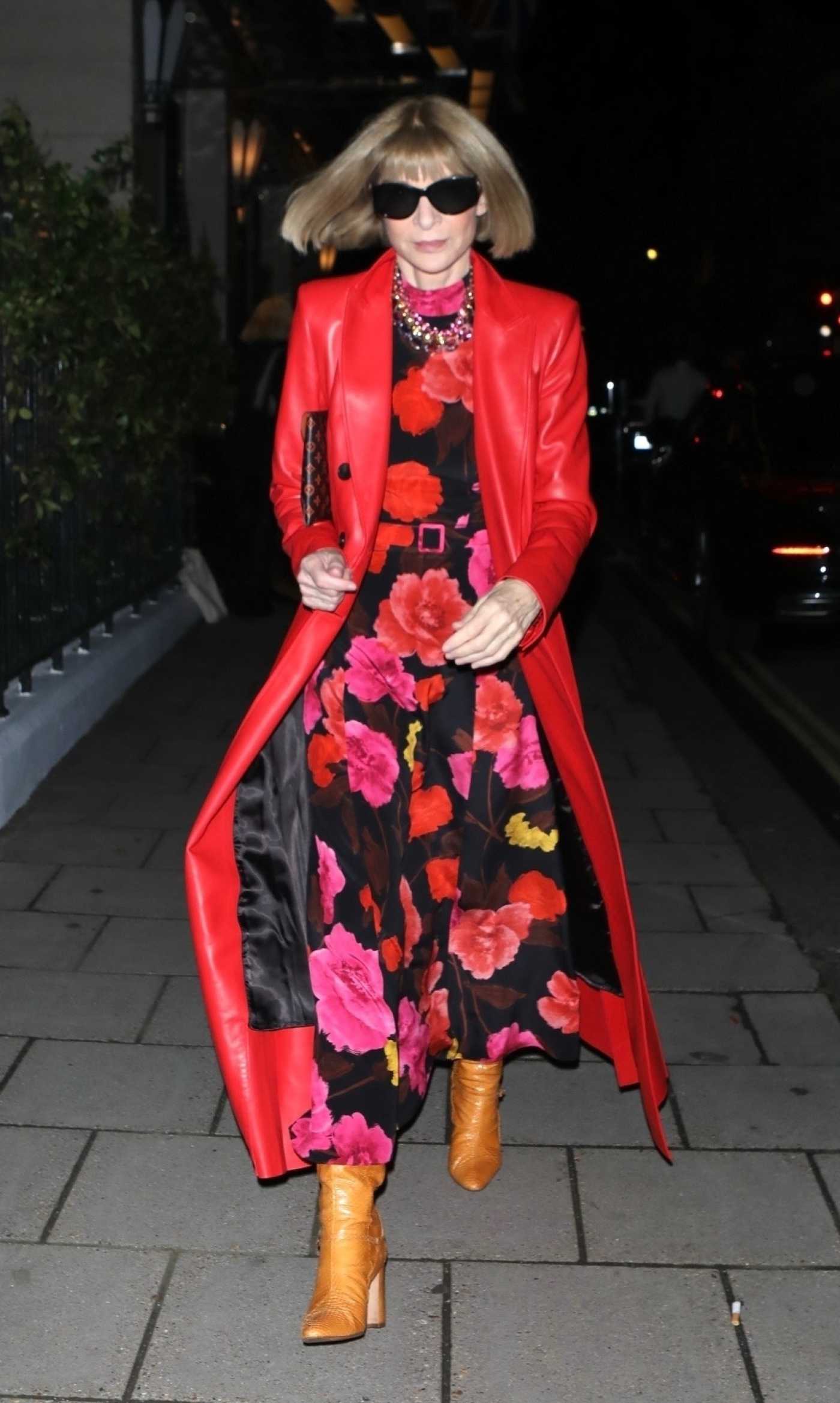 Anna Wintour in a Red Leather Coat Stepping Out to Dinner in London 09/17/2023