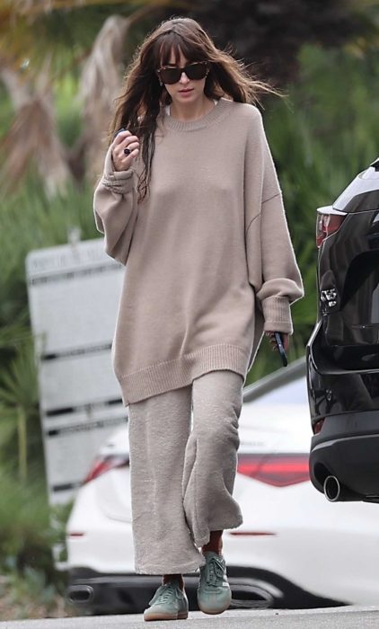 Dakota Johnson in a Beige Oversized Sweater