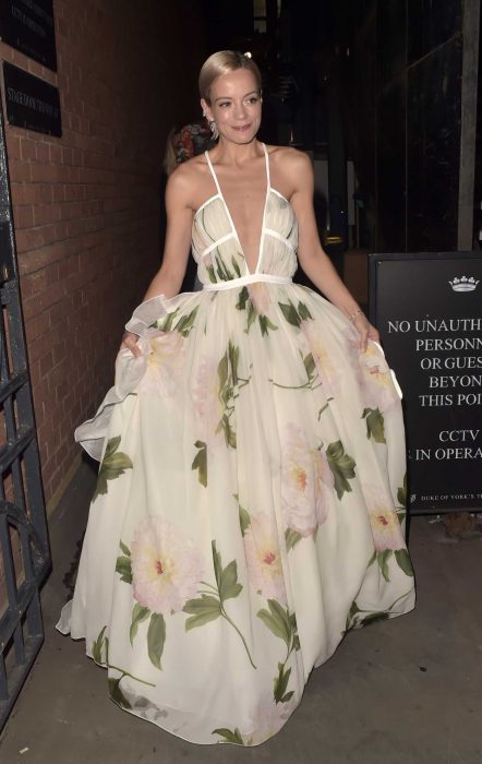 Lily Allen in a Beige Floral Dress