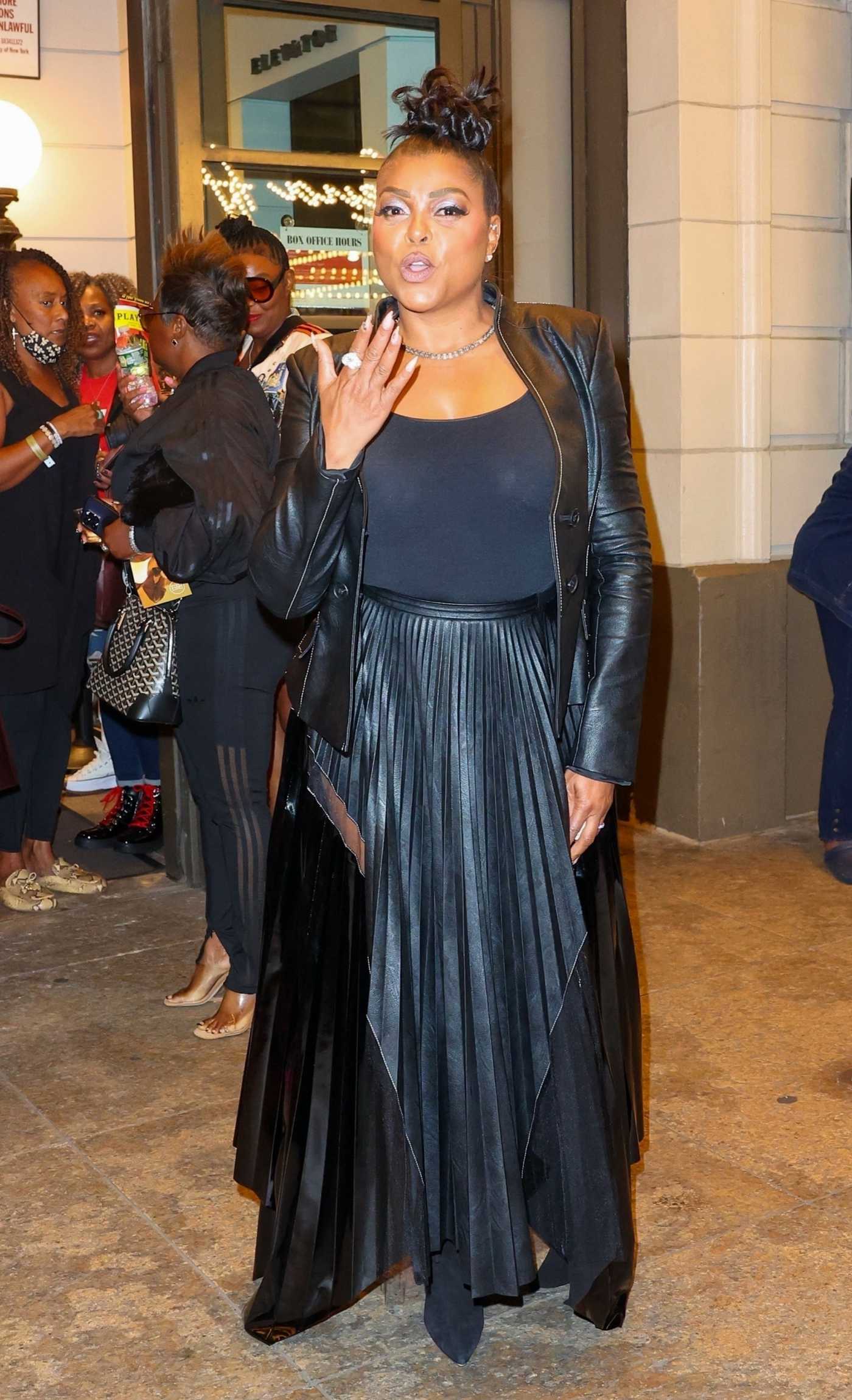 Taraji P. Henson in a Black Leather Jacket Exits the theater in New York 09/20/2023