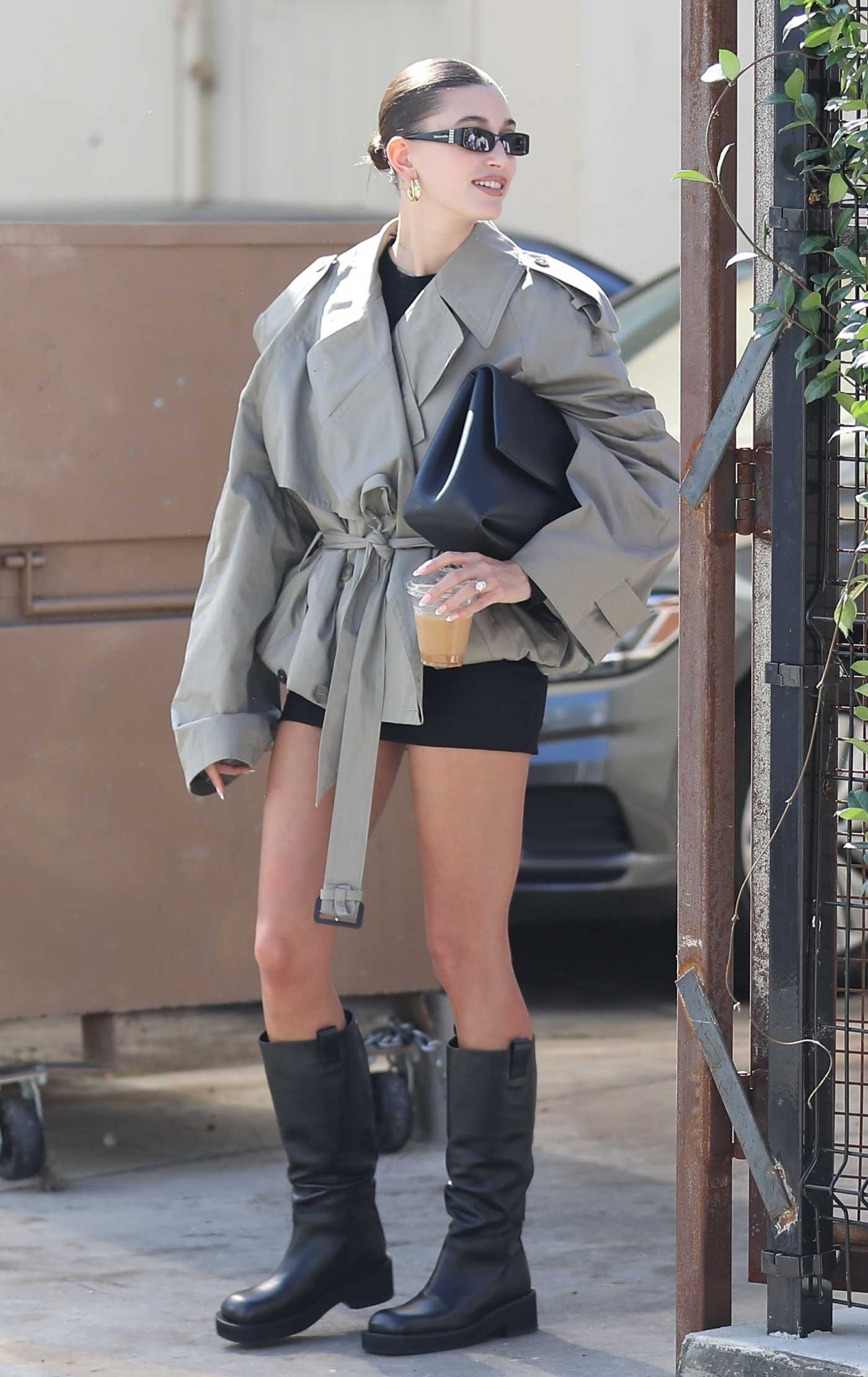 Hailey Baldwin in a Black Knee-Length Boots Steps Out for Coffee at Community Goods in Los Angeles 10/28/2023