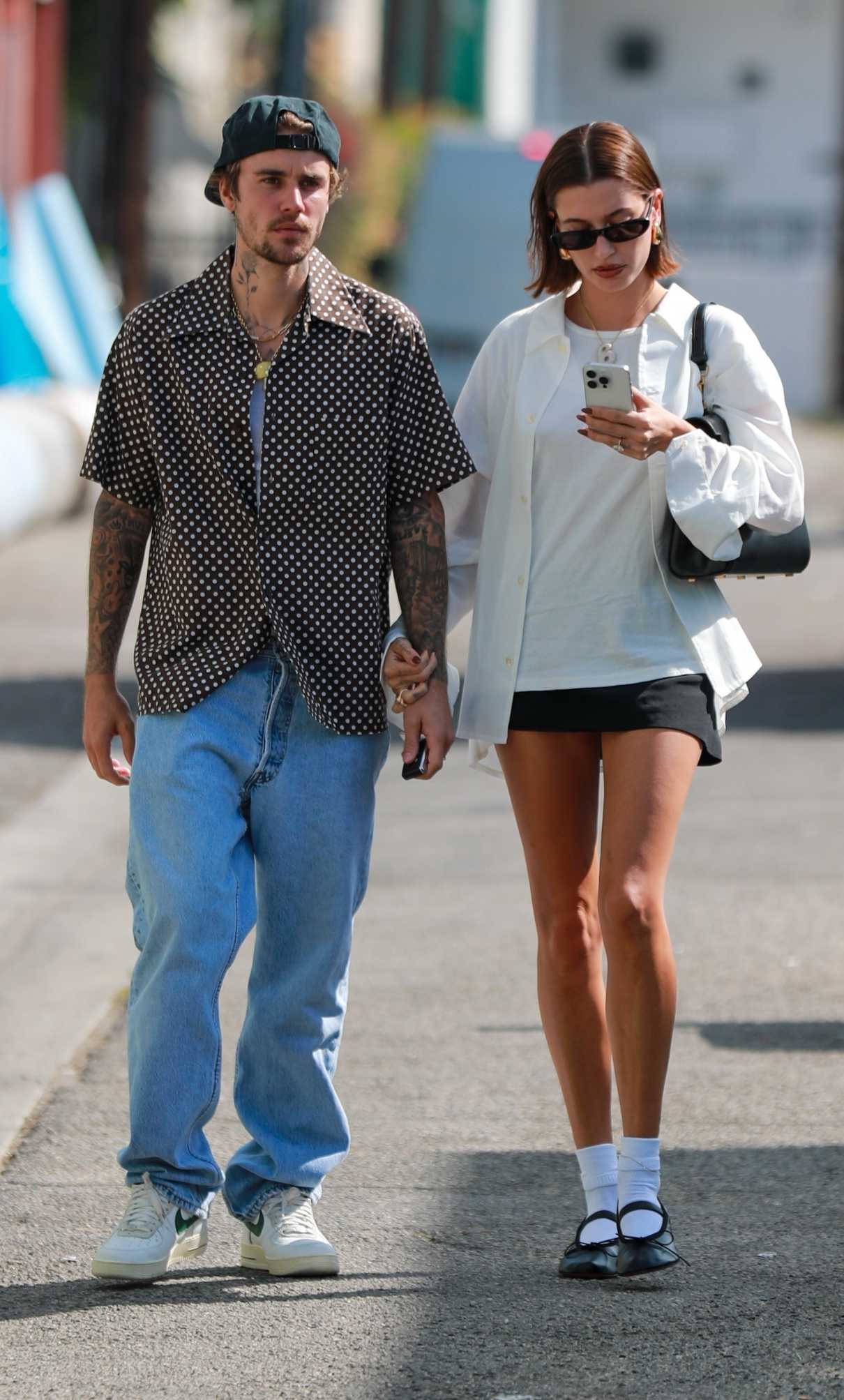 Hailey Baldwin in a White Shirt Was Seen Out with Justin Bieber in West Hollywood 10/09/2023