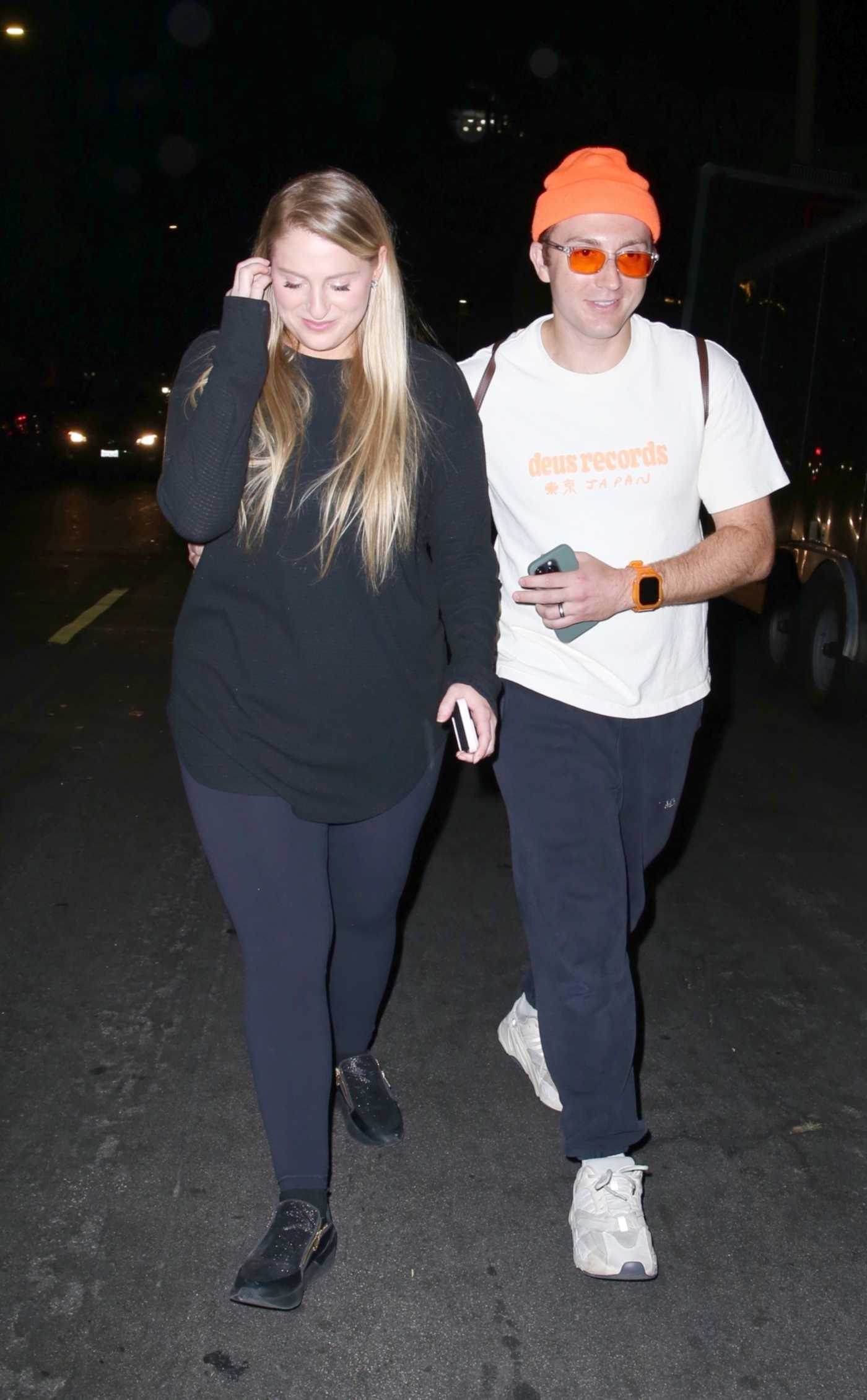 Meghan Trainor in a Black Sweatshirt Exits Tate McRae’s Concert Afterparty at NeueHouse in Hollywood 10/06/2023
