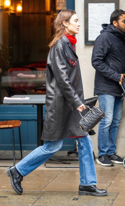 Alexa Chung in a Black Leather Coat