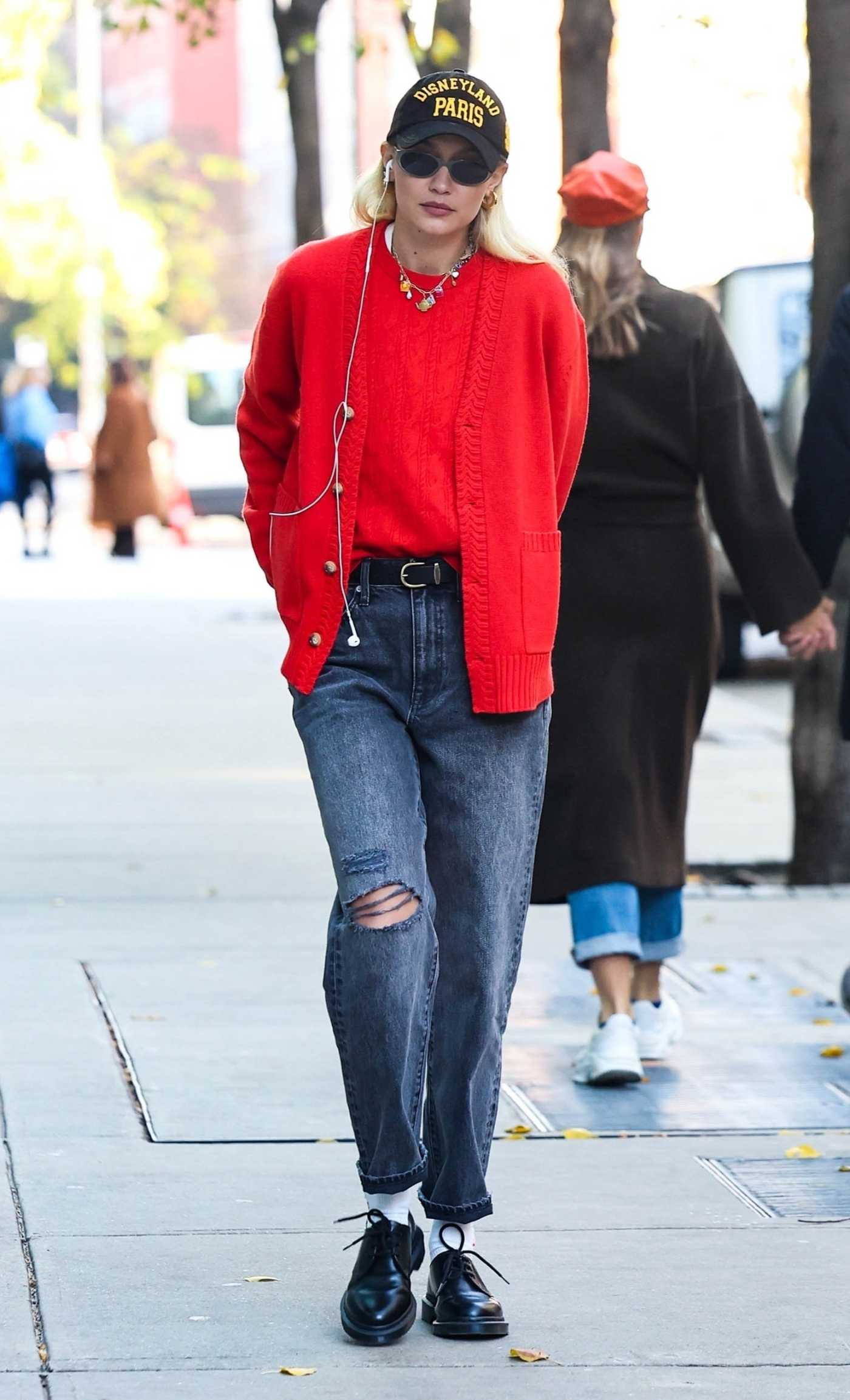 Gigi Hadid in a Red Cardigan Heads Home in New York City 11/03/2023