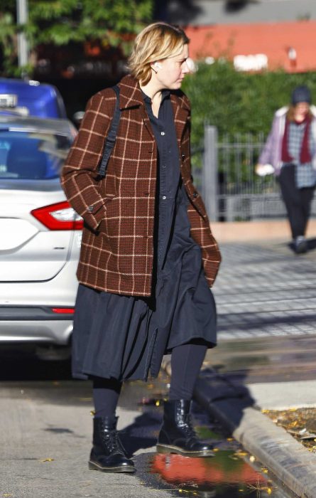 Greta Gerwig in a Brown Plaid Jacket