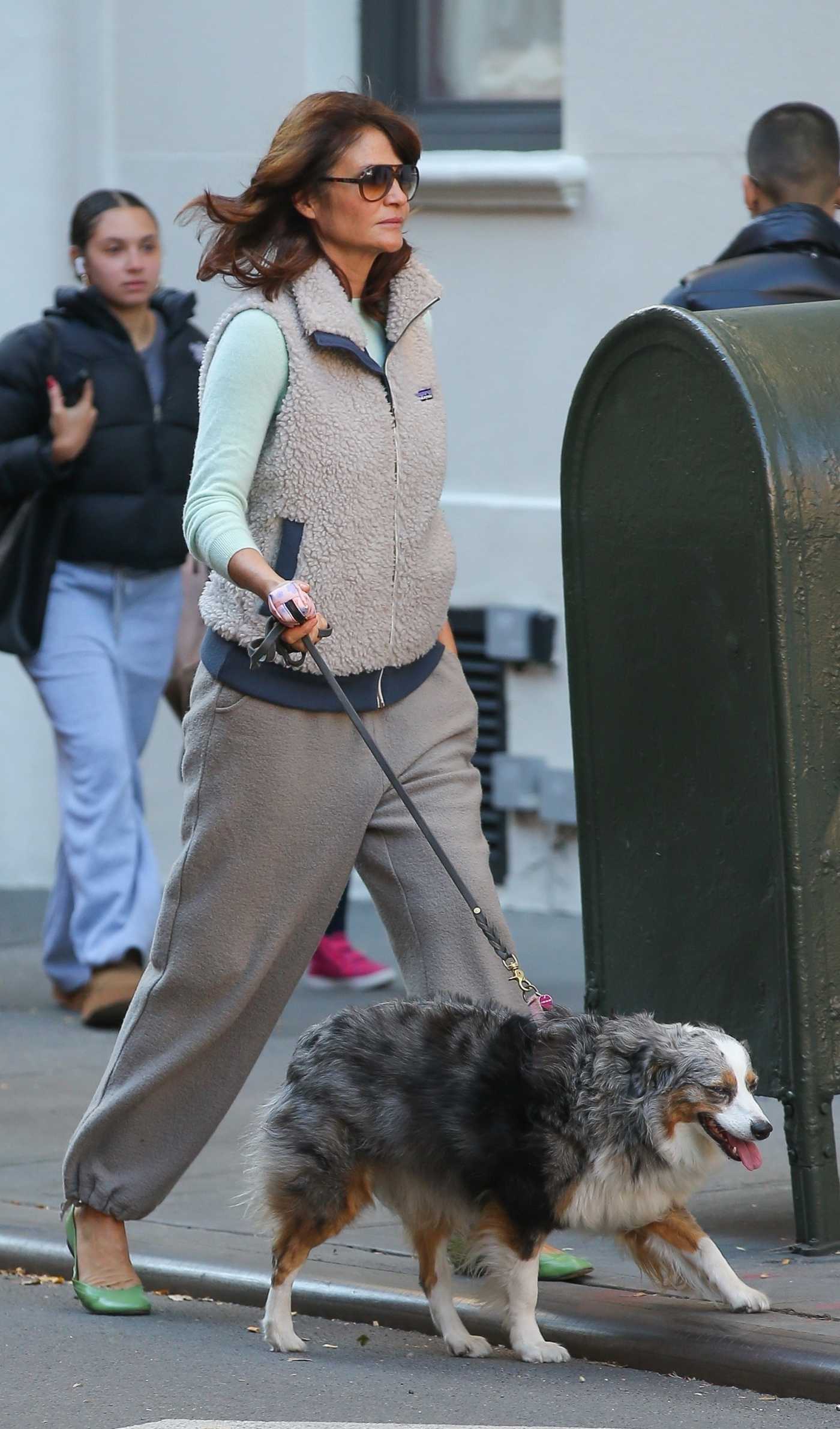 Helena Christensen in a Tan Sweatpants Walks Her Dog in New York 11/02/2023