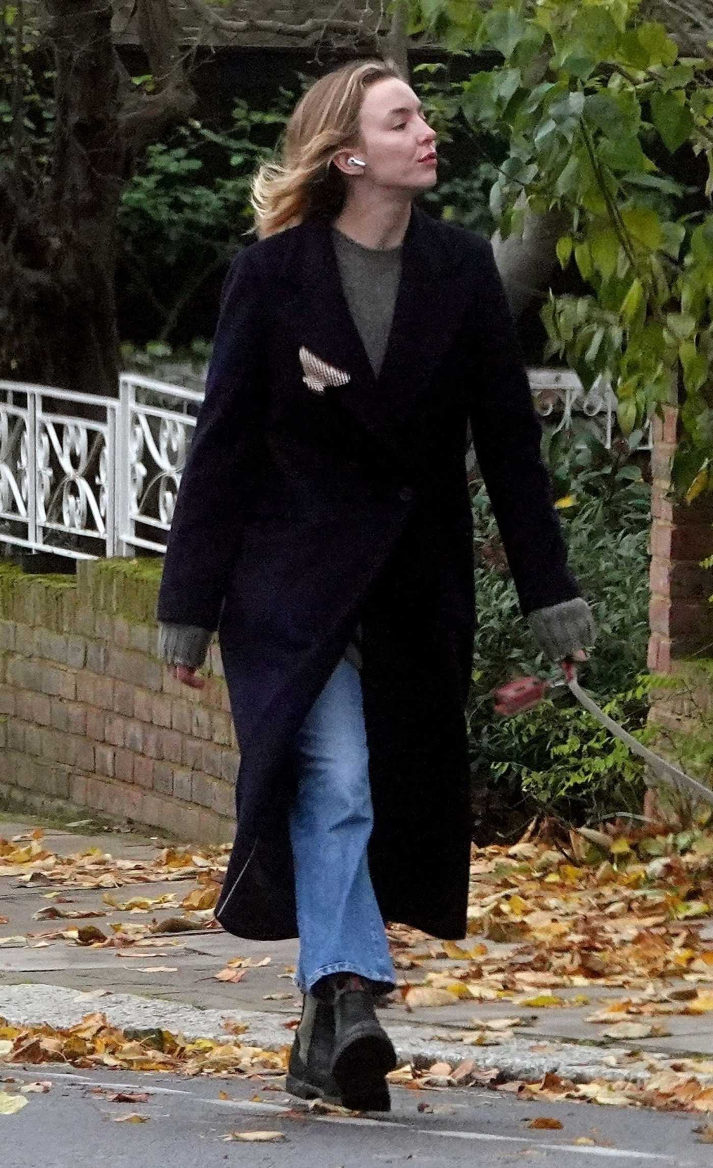 Jodie Comer in a Black Coat Walks Her Dog in North London 11/21/2023