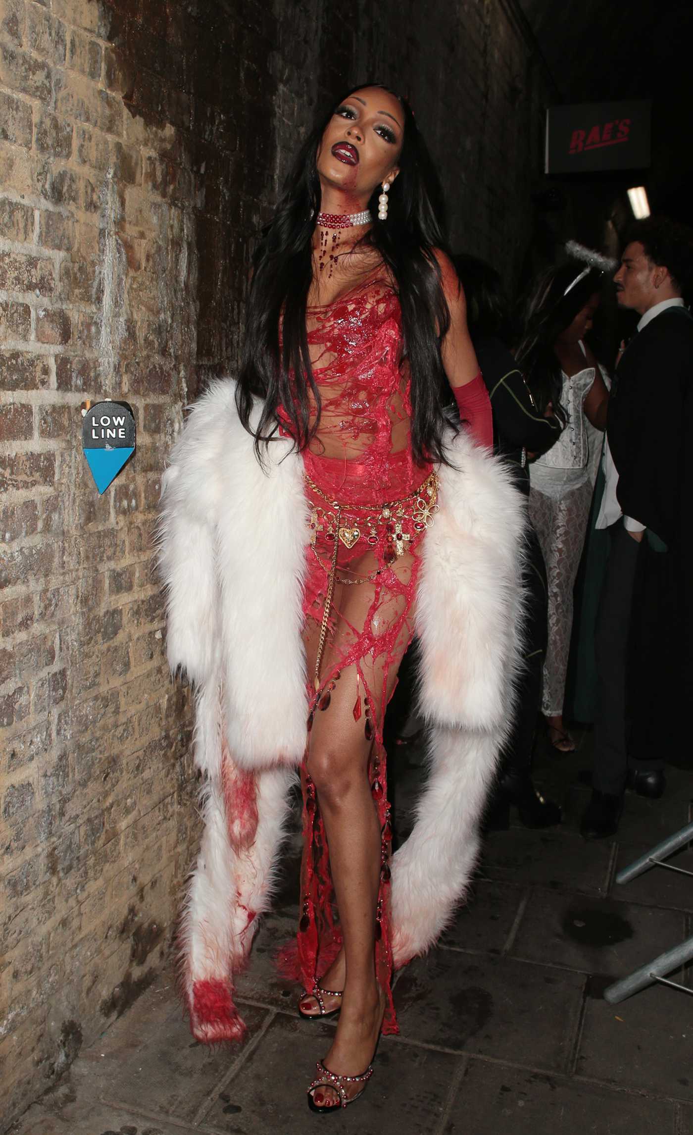 Jourdan Dunn in a Red See-Through Dress Arrives at the Maya Jama’s Halloween Party in London 10/31/2023