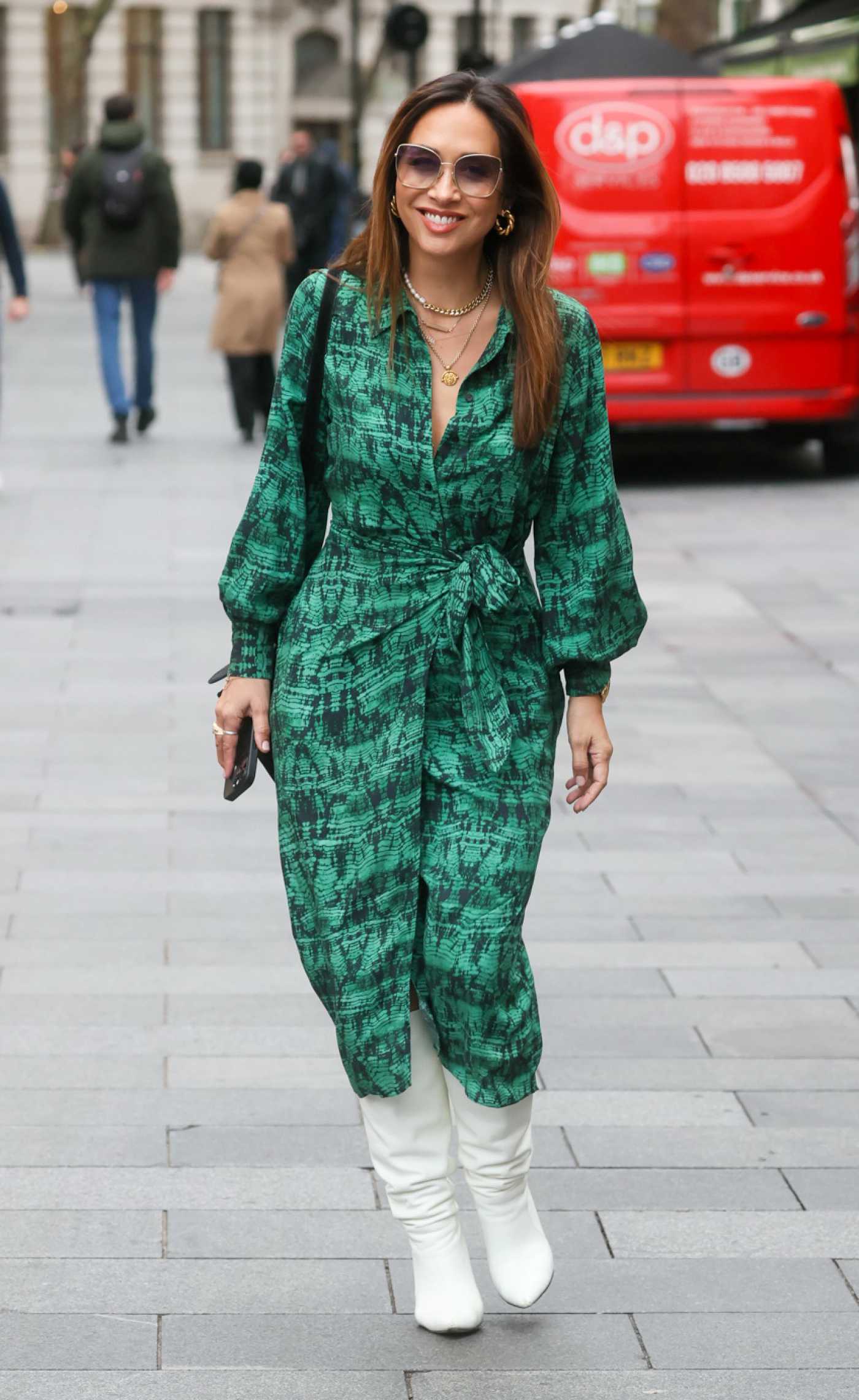 Myleene Klass in a Green High Split Dress Was Seen Out in London 11/20/2023