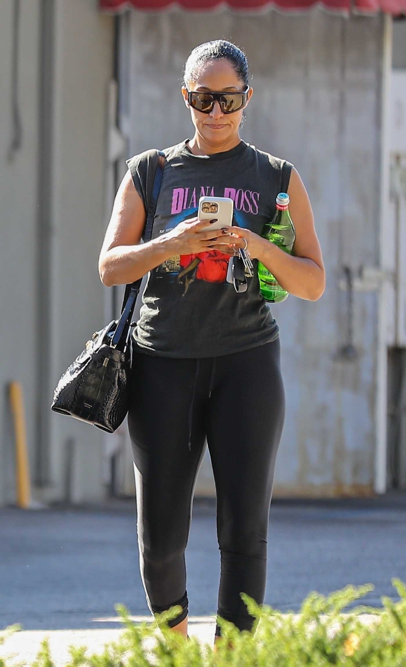 Tracy Ellis Ross in a Black Diana Ross T-Shirt Leaves the Gym in Los Angeles 11/25/2023