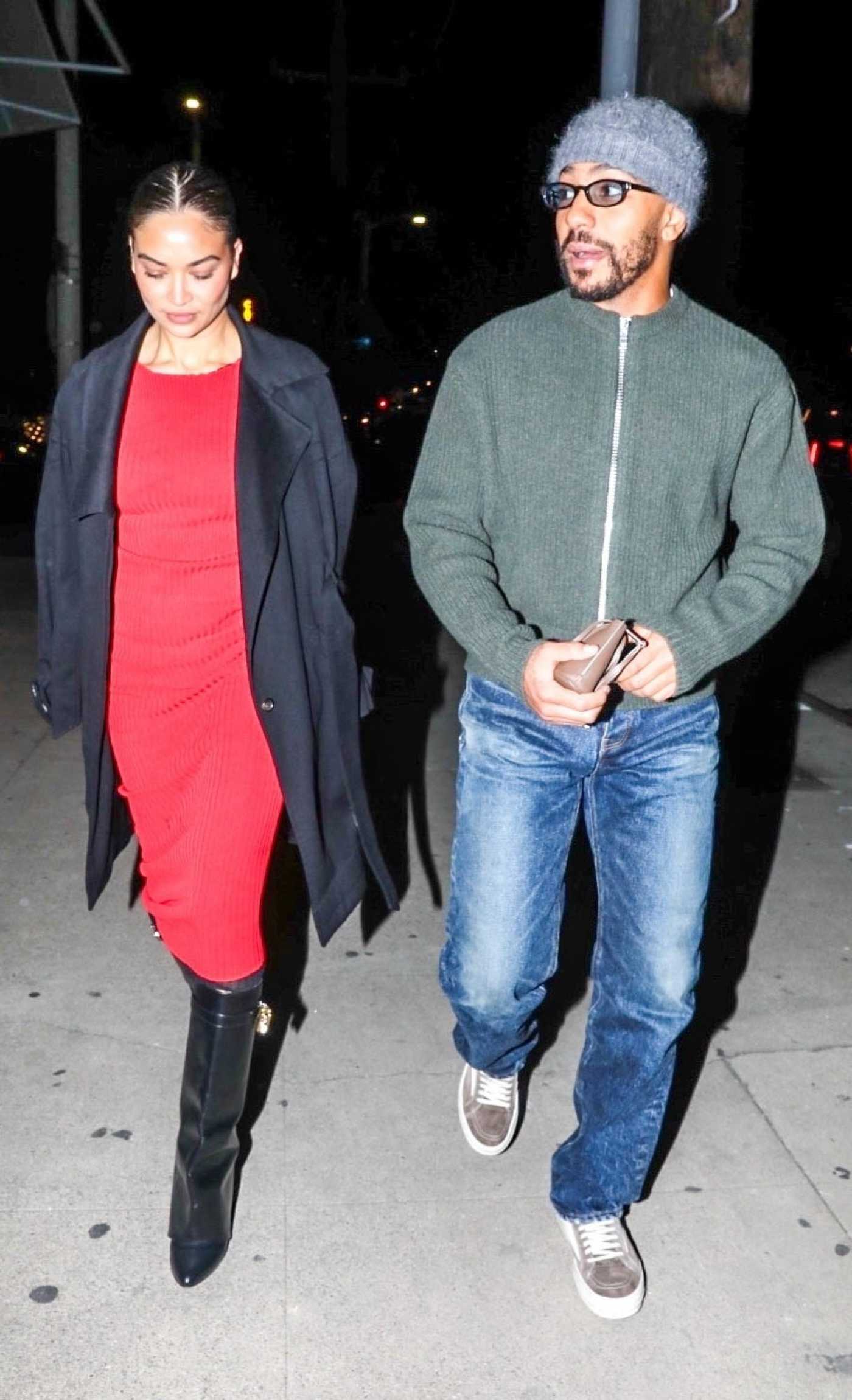 Shanina Shaik in a Black Coat Steps Out with Her Boyfriend Matthew Adesuyan for Date Night in Los Angeles 12/15/2023