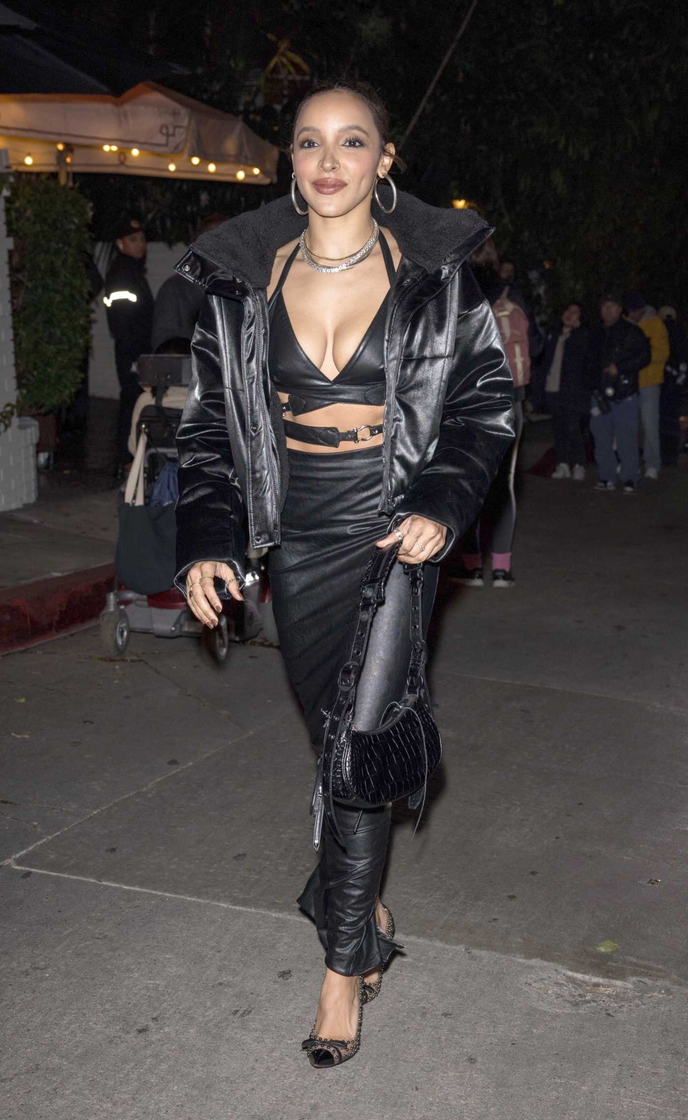Tinashe in a Black Leather Outfit Arrives at W Magazine's Golden Globes Pre-Party at the Chateau Marmont in Los Angeles 01/05/2024