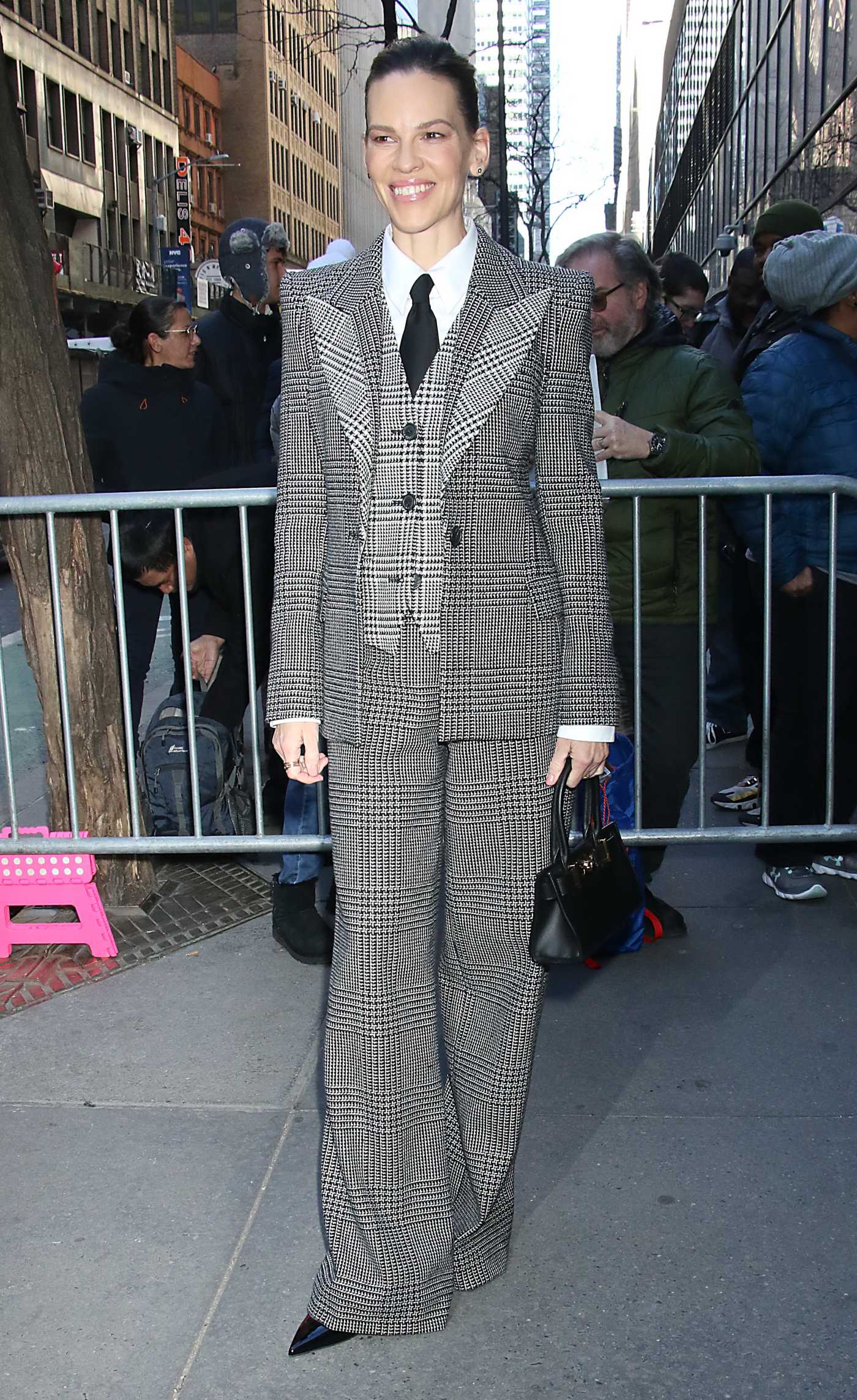 Hilary Swank in a Grey Pantsuit Arrives at the Today Show in New York 02/20/2024