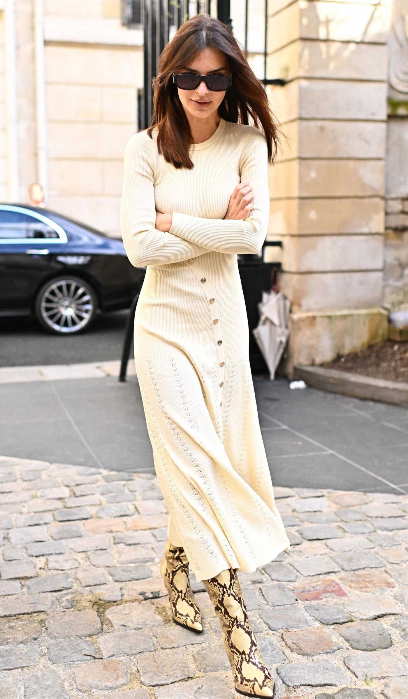 Emily Ratajkowski in a Beige Dress Was Seen During 2024 Paris Fashion Week in Paris 03/01/2024