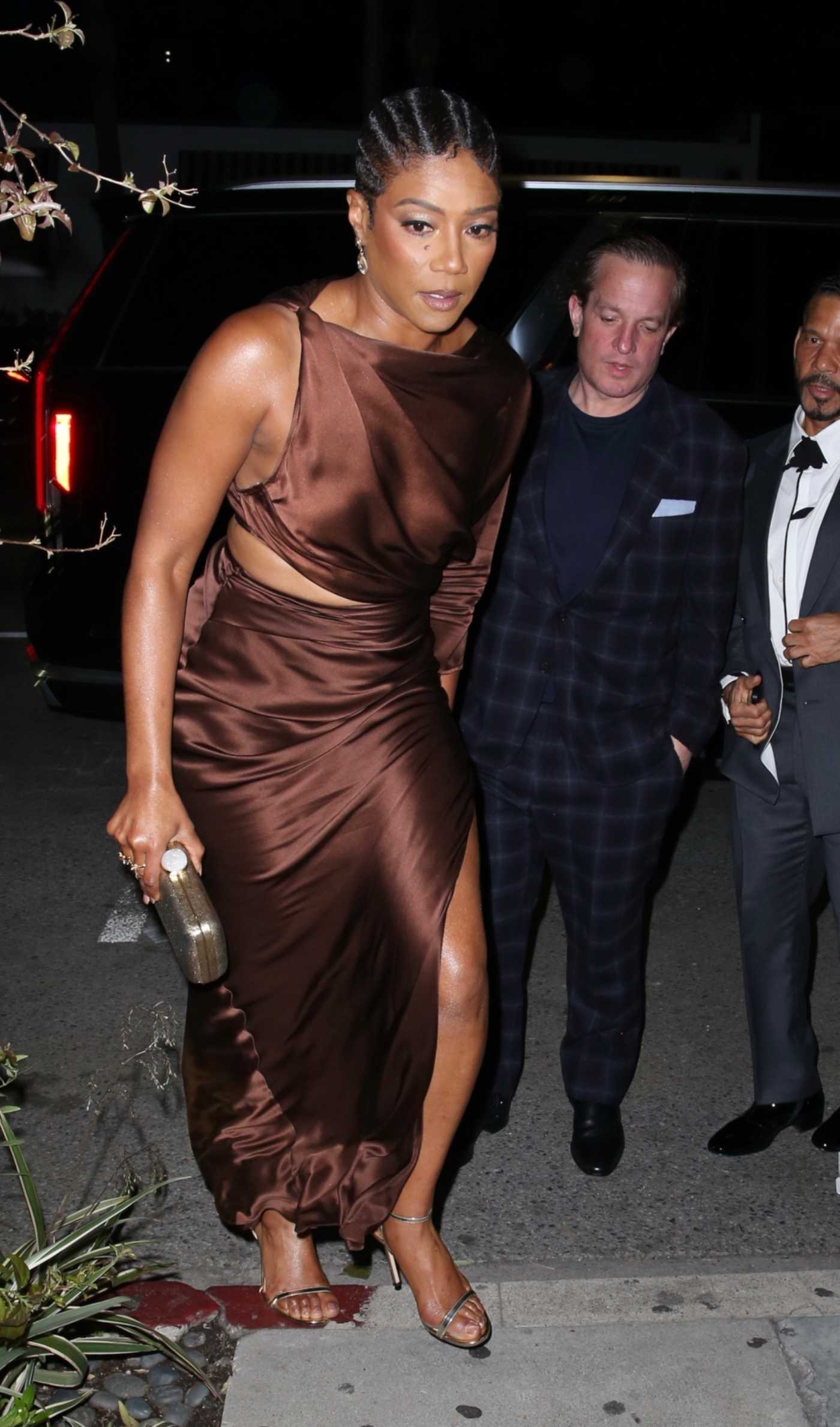 Tiffany Haddish in a Brown Dress Exits Jackson Lee’s Fundraiser in Los Angeles 03/26/2024