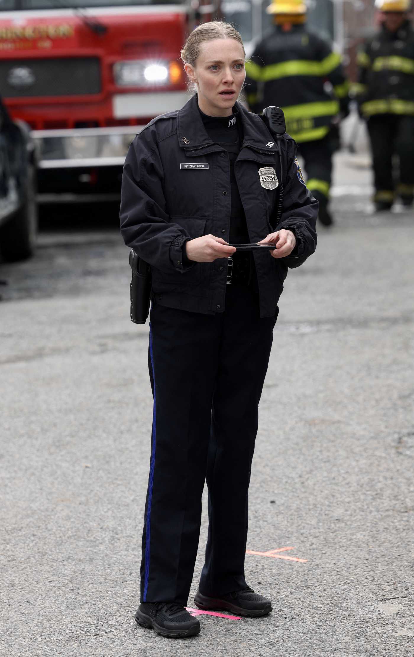 Amanda Seyfried as a Philadelphia Police Officer on the Set of the Long Bright River in Brooklyn in NYC 04/08/2024