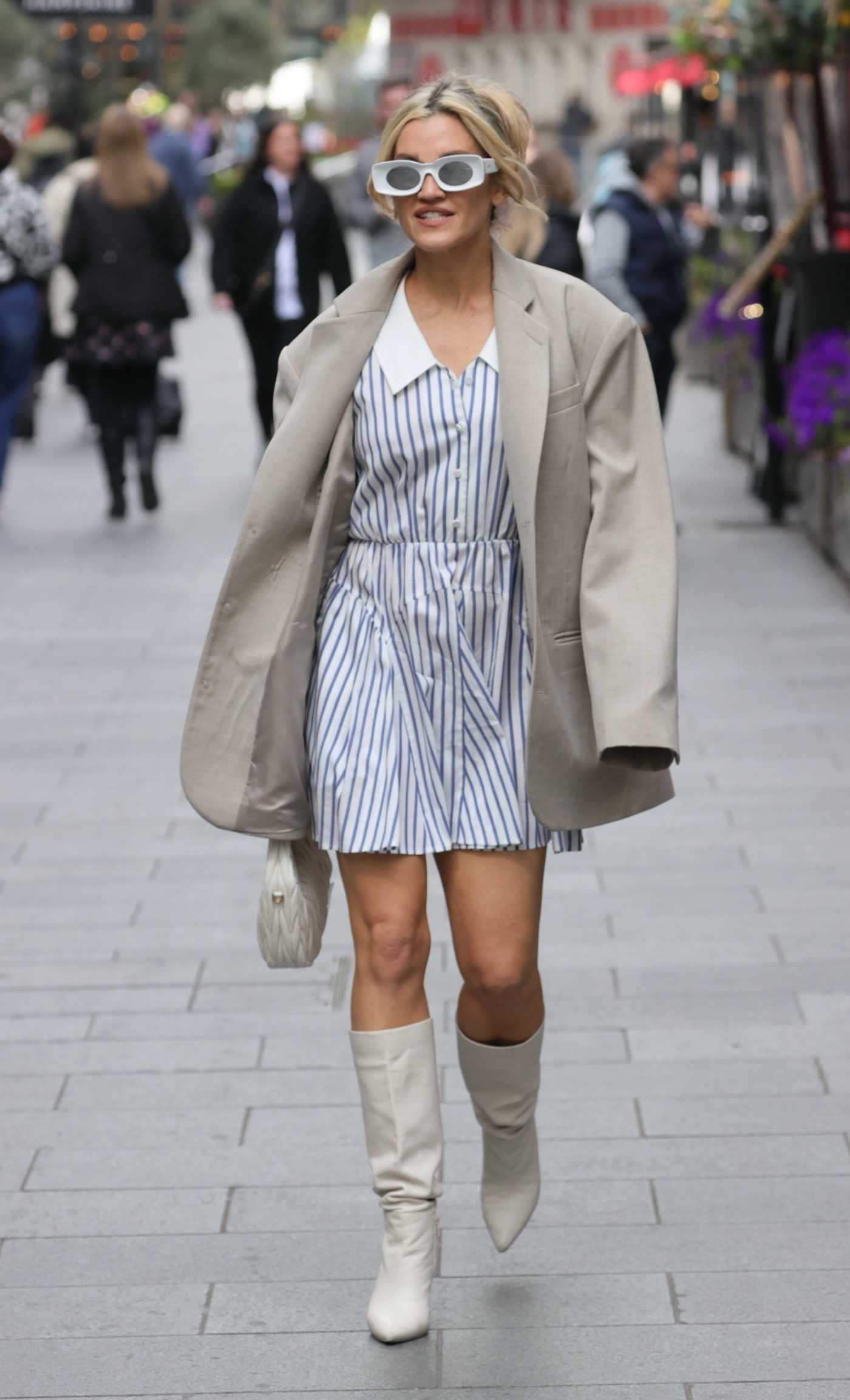 Ashley Roberts in a Striped Dress Leaves the Heart FM Show at the Global Radio Studios in London 04/26/2024