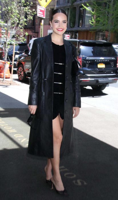Bailee Madison in a Black Leather Coat