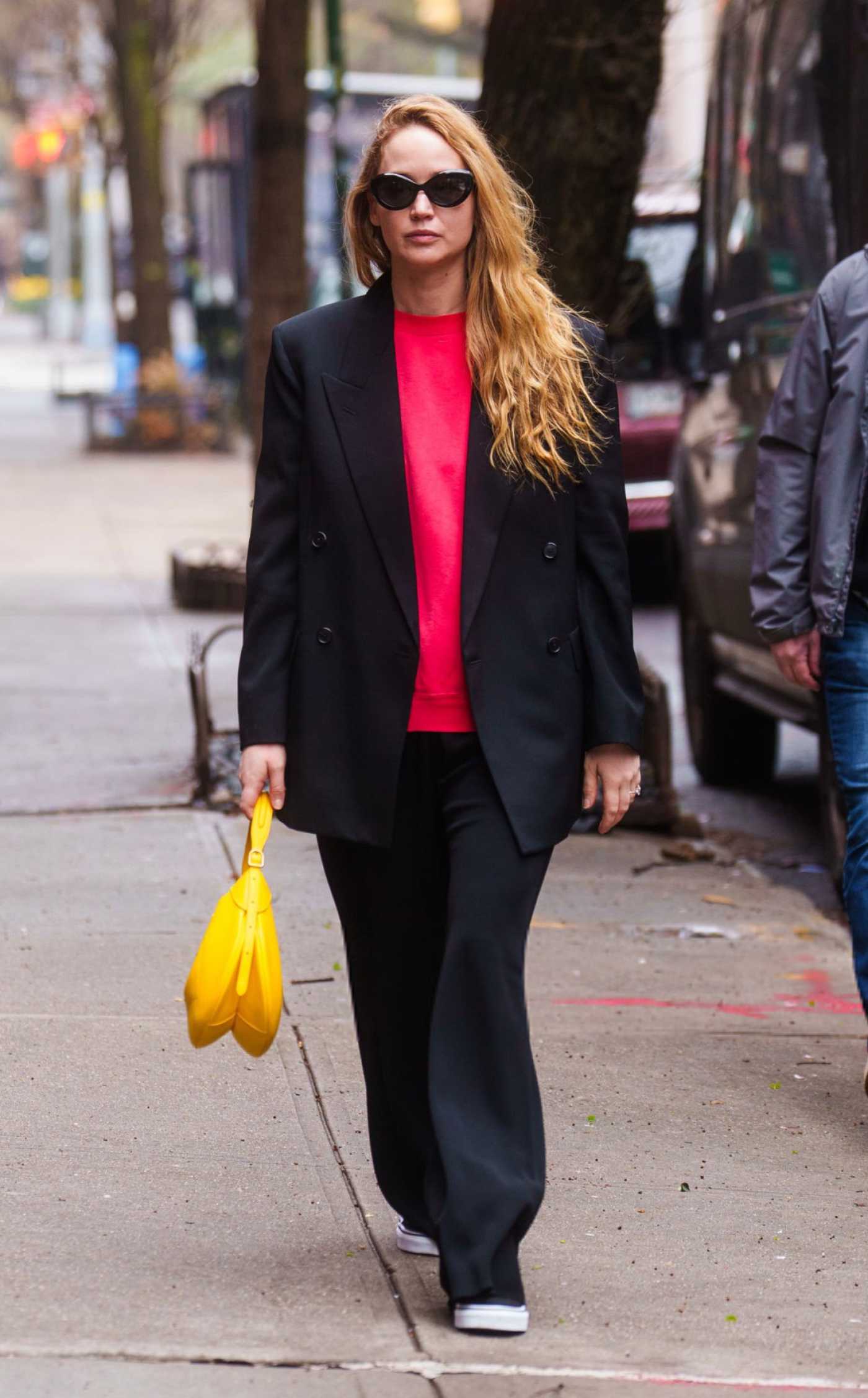 Jennifer Lawrence in a Black Pantsuit Was Seen Out in the East Village in New York City 04/12/2024