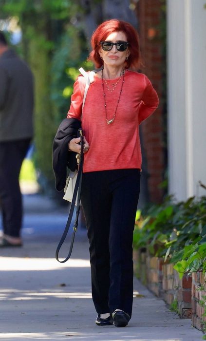 Sharon Osbourne in a Red Long Sleeves T-Shirt