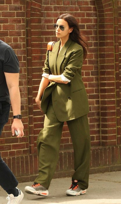 Irina Shayk in an Olive Pantsuit