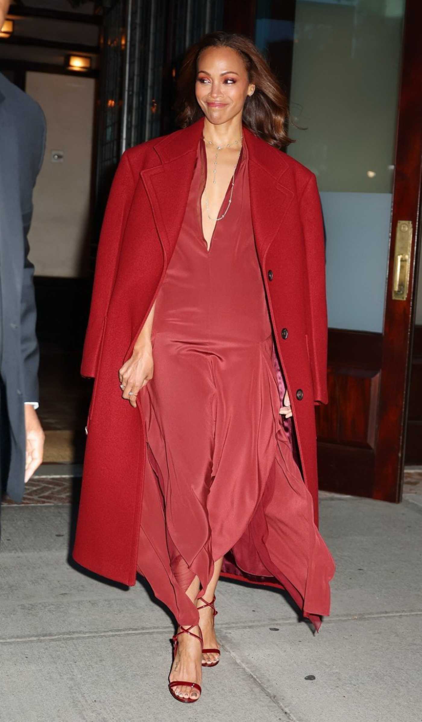 Zoe Saldana in a Red Coat Arrives at the Paramount Pictures Upfront in New York 04/30/2024