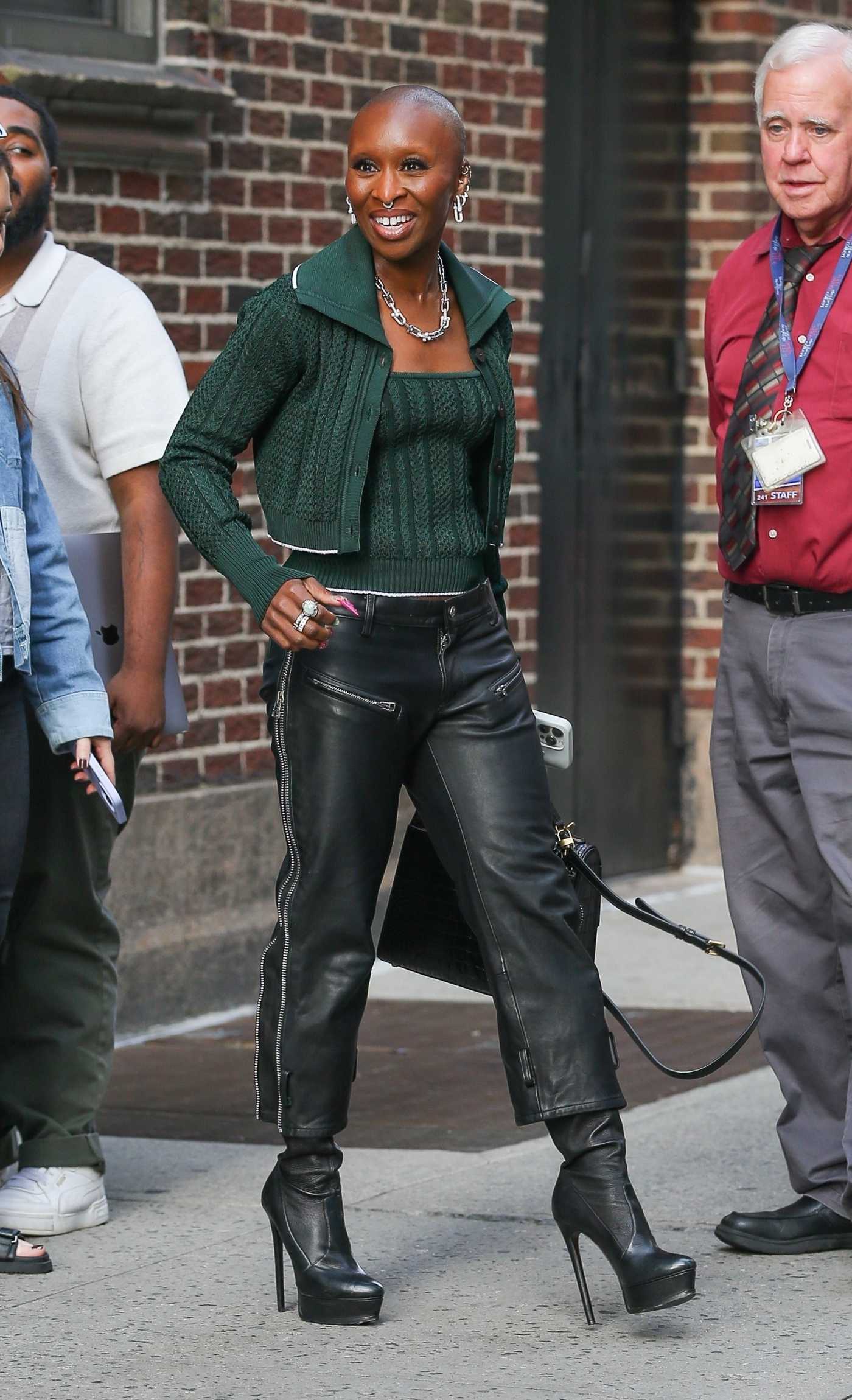 Cynthia Erivo in a Black Leather Pants Leaves The Late Show with Stephen Colbert in New York 06/19/2024