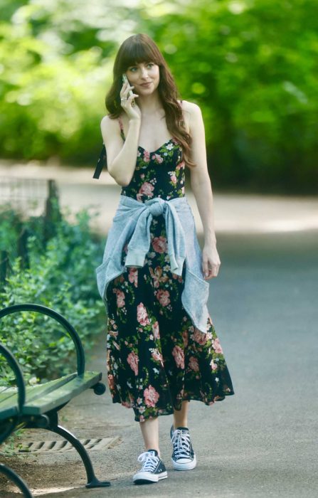 Dakota Johnson in a Black Floral Dress