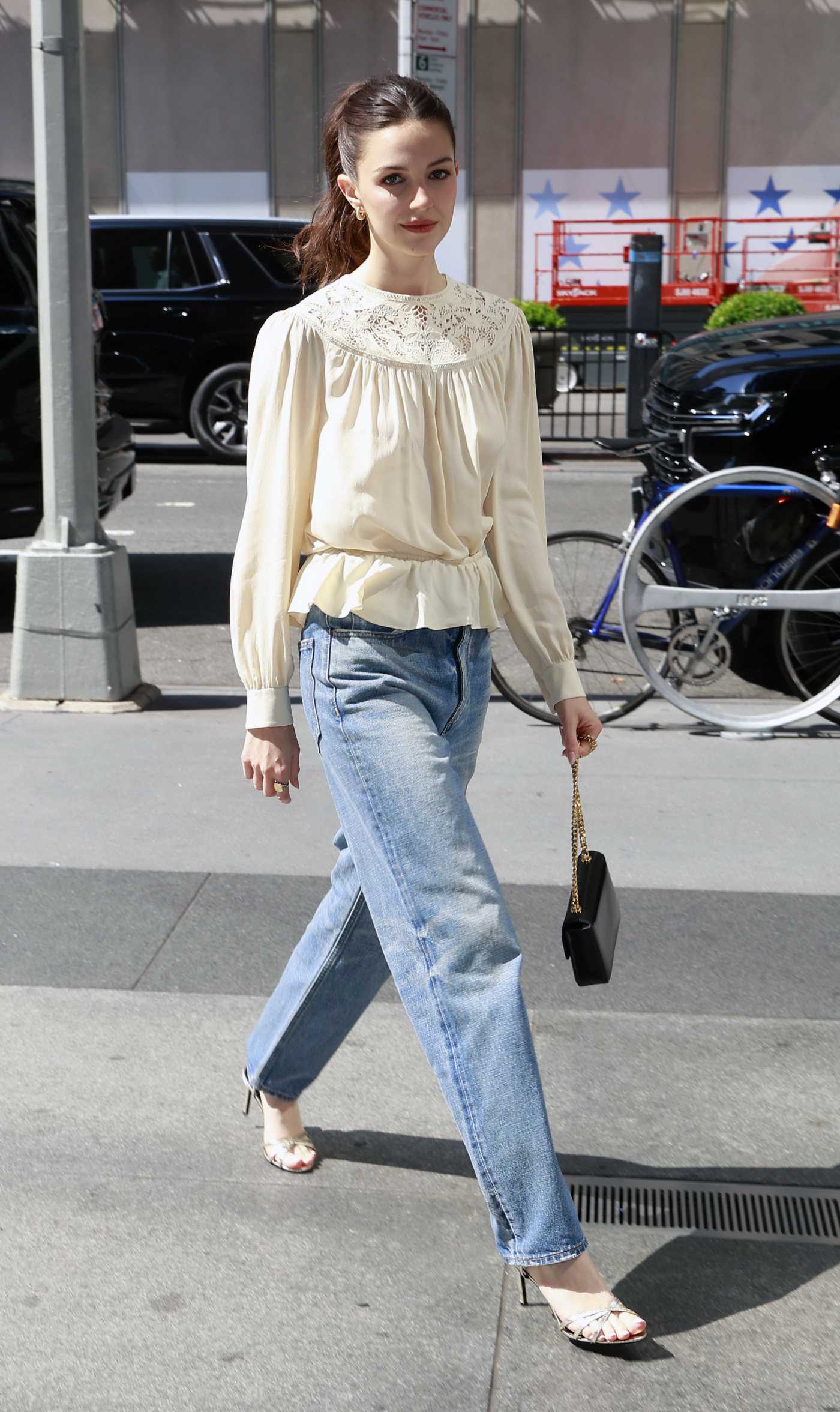 Ella Hunt in a Beige Blouse Was Seen Out in New York 06/18/2024