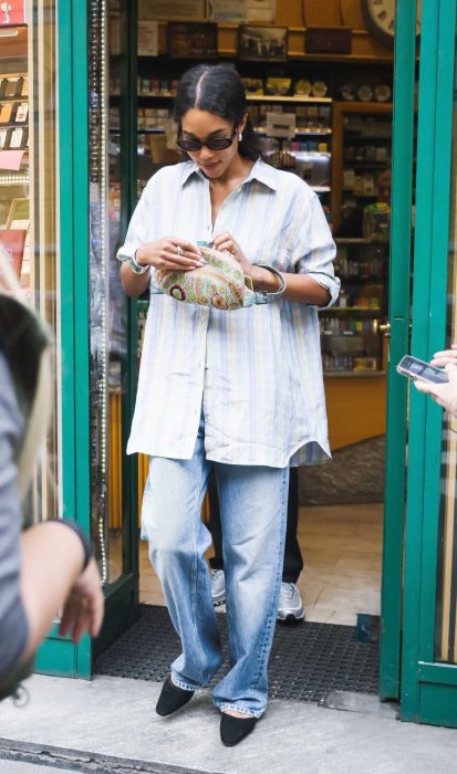 Laura Harrier in a Striped Shirt