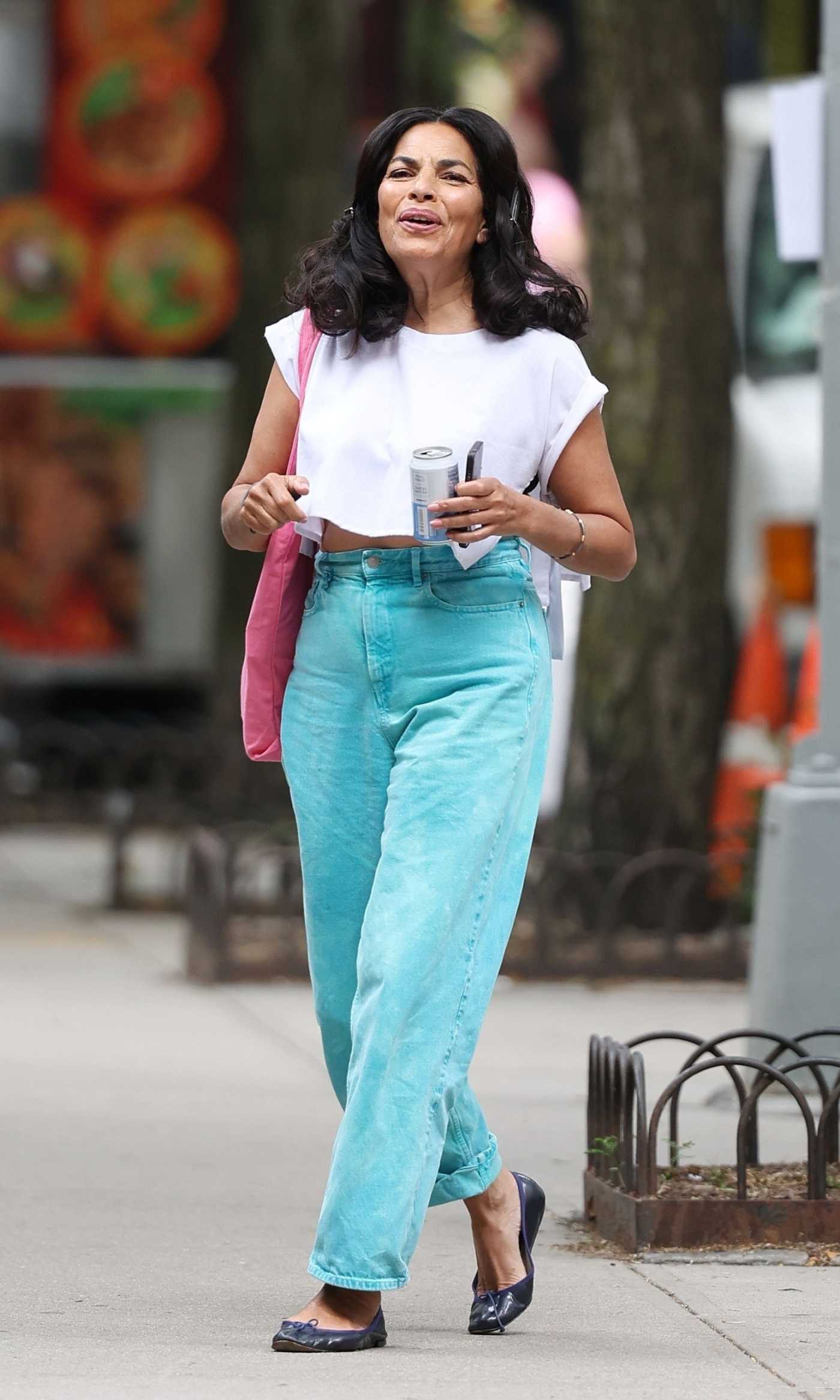 Sarita Choudhury in a White Cropped Tee Was Seen Out in New York 06/10/2024